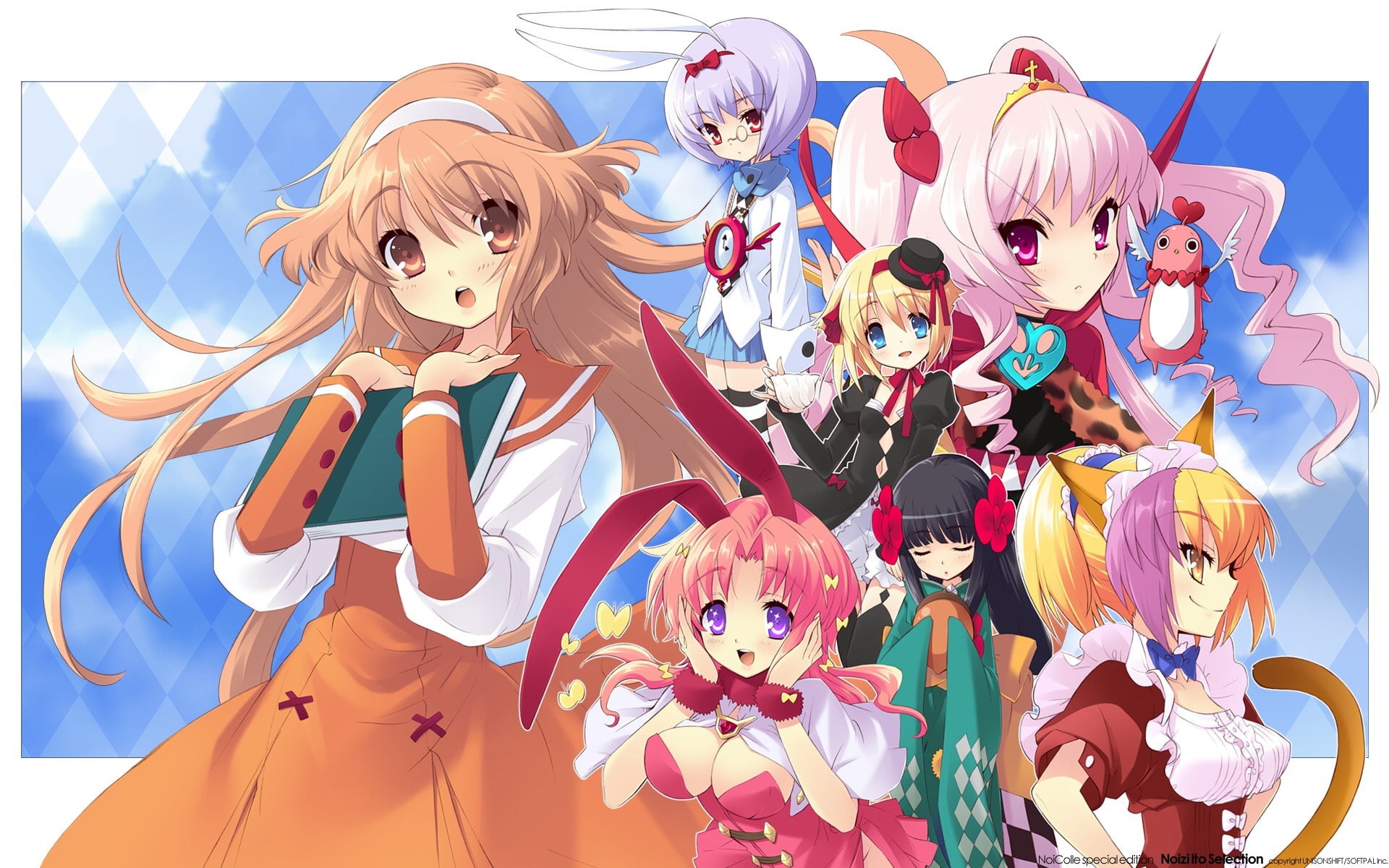 luna, noiji, parade, ears, hair, cleavage, itou, meganekko, funny, bunny, 1080P, glasses, alice, silk, tails, pink, nekomimi, waitress, seifuku, girls, HD Wallpaper