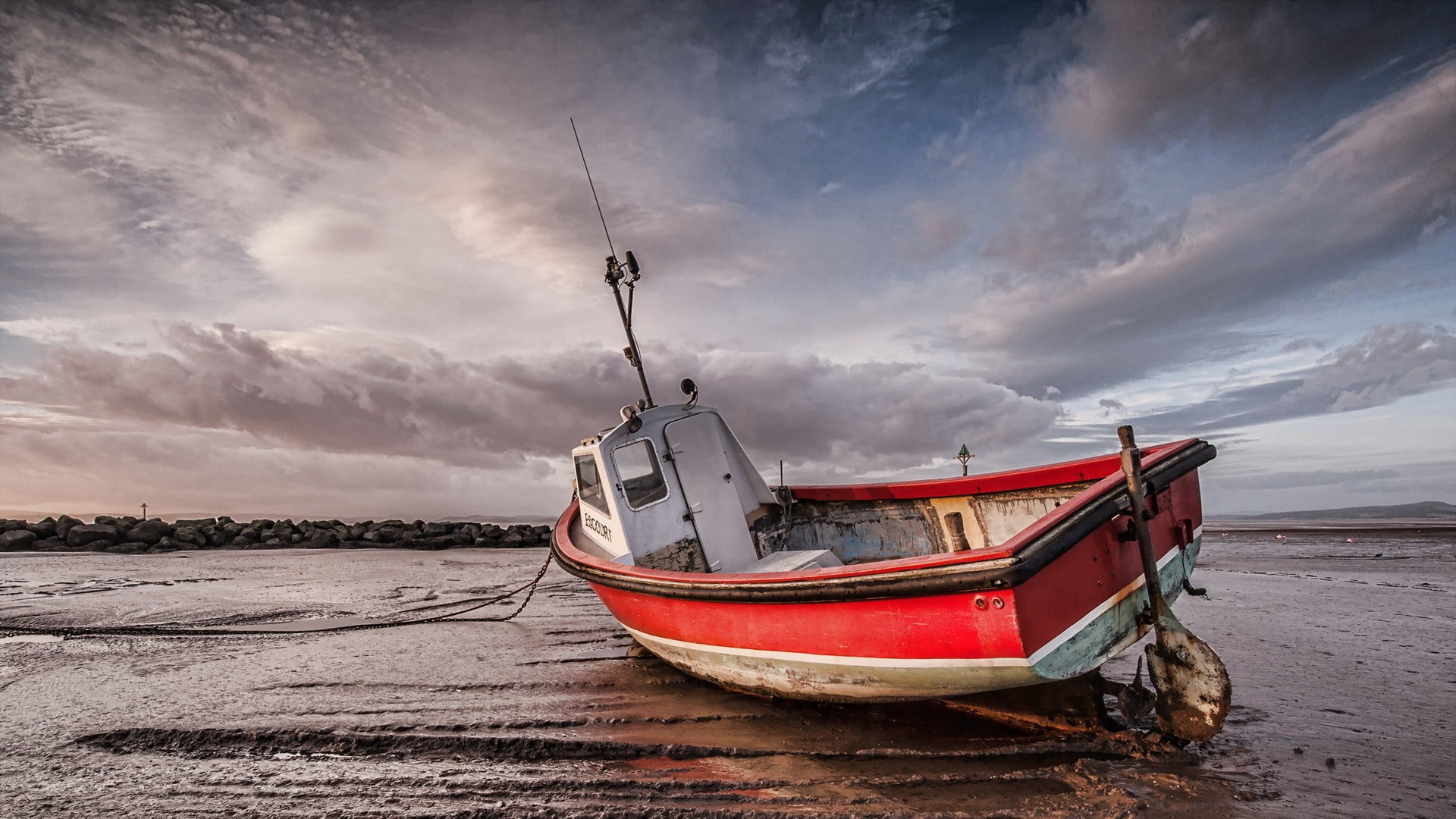 white, scenics - nature, land, cloud - sky, sky, low tide, sea, dramatic sky, moored, clouds, 1080P, nature, transportation, non-urban scene, red, mode of transportation, HD Wallpaper
