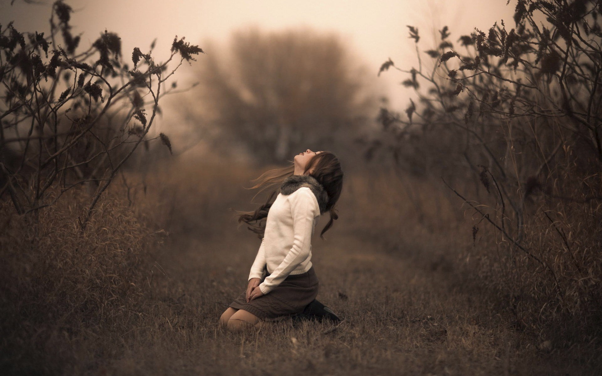 eyes closed, women, tree, grass, fog, full length, land, young adult, plant, long hair, adult, beauty girl image 1920x1200, depression - sadness, contemplation, HD Wallpaper