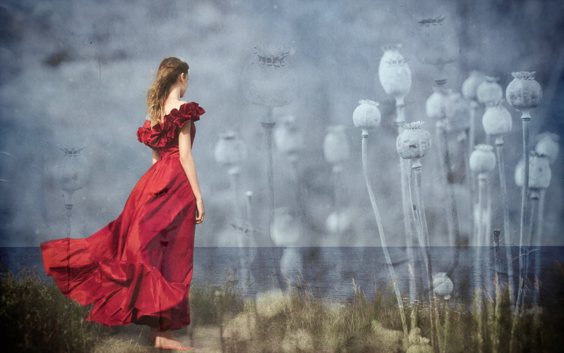 rain, young women, women, long hair, beautiful woman, standing, adult, looking, hair, contemplation, nature, image of beautiful girl 1920x1200, clothing, HD Wallpaper