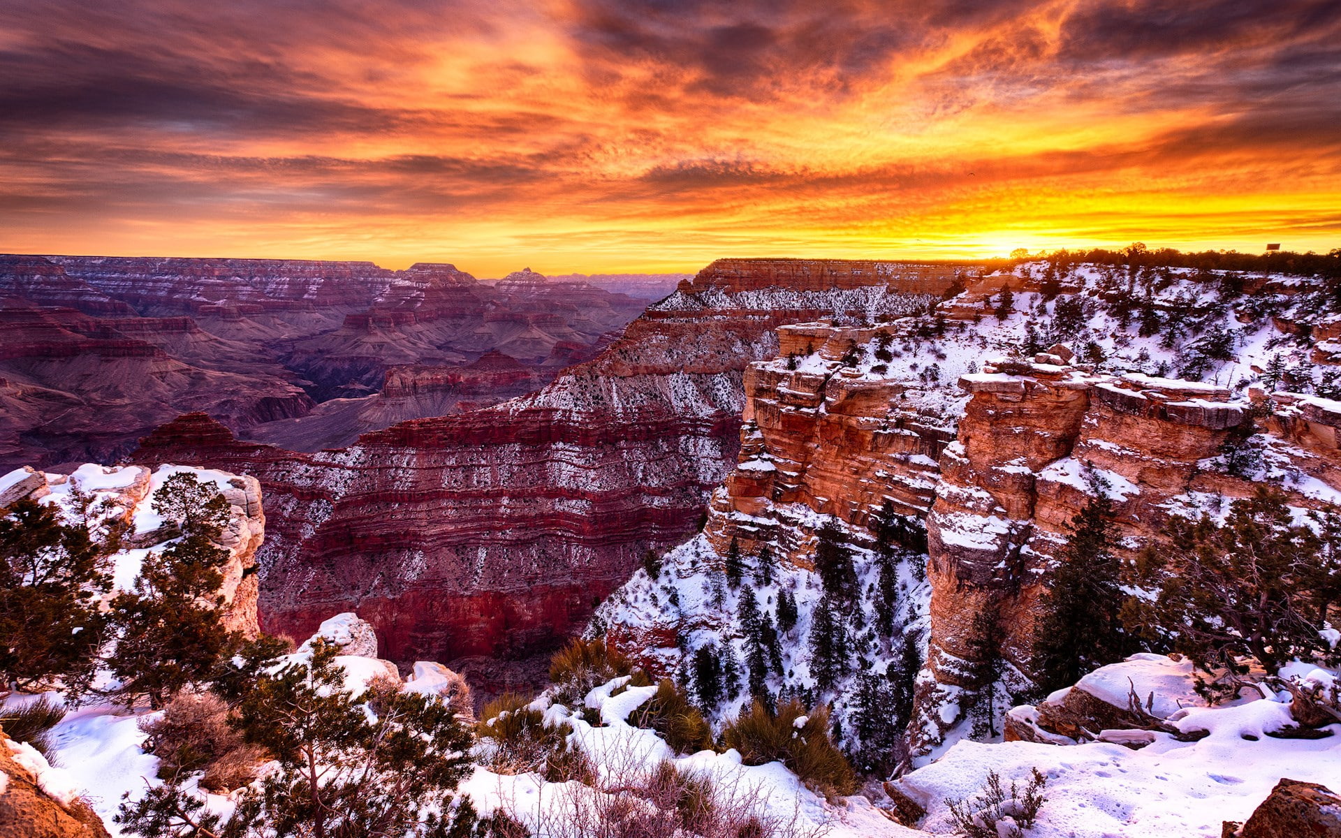 landscape, 1080P, orange color, rock - object, sunset, scenics - nature, nature, no people, sky, snow, rock, travel destinations, winter, solid, outdoors, HD Wallpaper