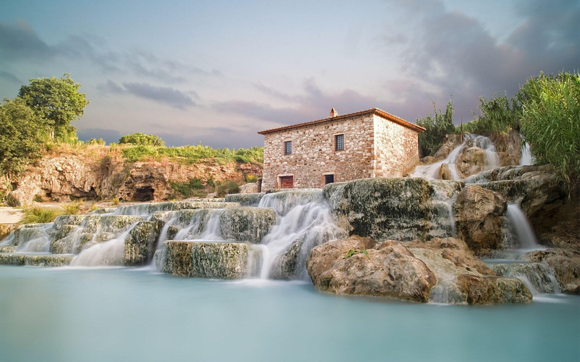 long exposure, waterfront, flowing, plant, scenics - nature, rock - object, architecture, flowing water, building exterior, solid, water, cloud - sky, beauty in nature, HD Wallpaper