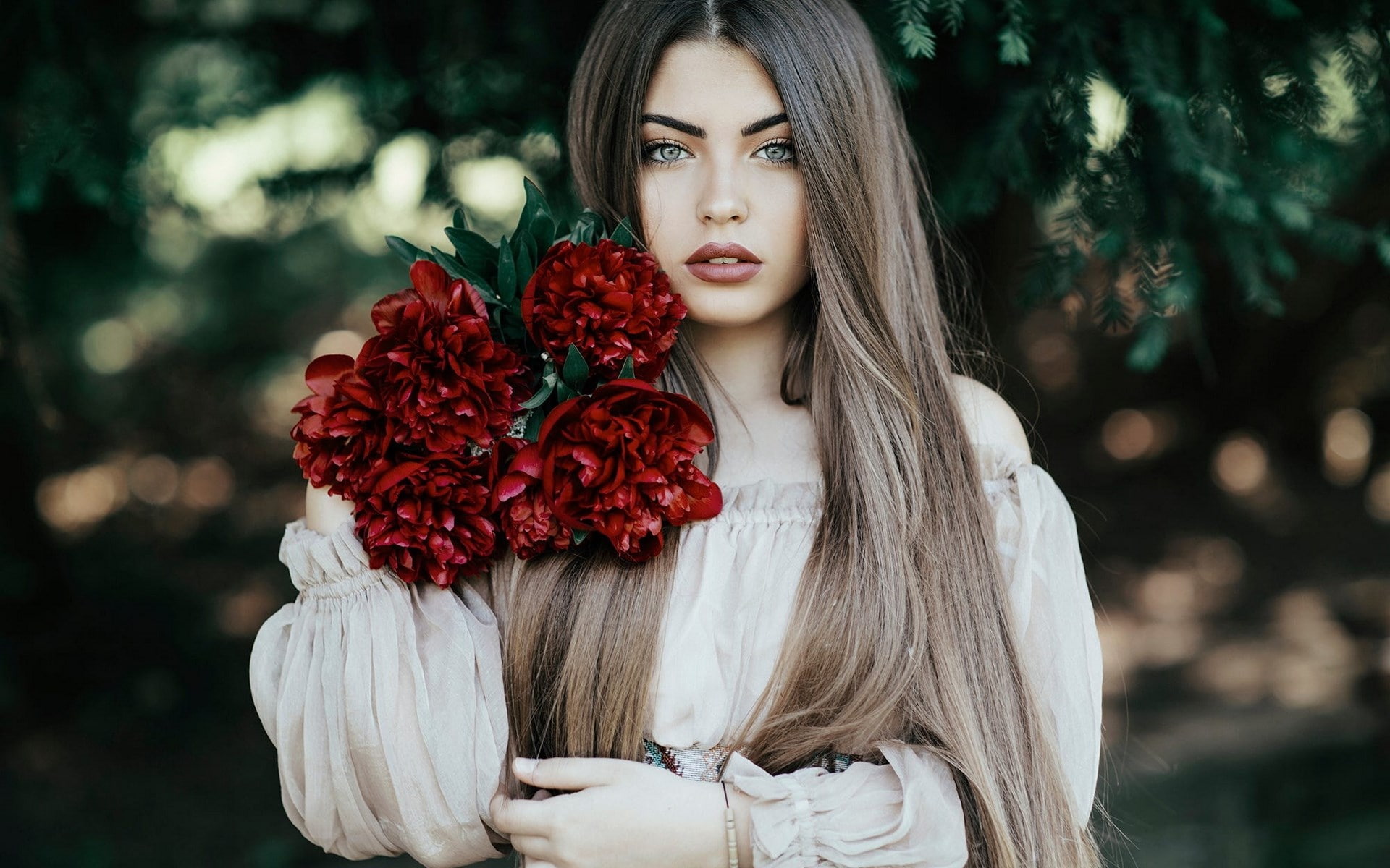 portrait, plant, outdoors, hairstyle, flower arrangement, long hair, tree, beautiful woman, adult, beautiful people, women, holding, one person, looking at camera, HD Wallpaper