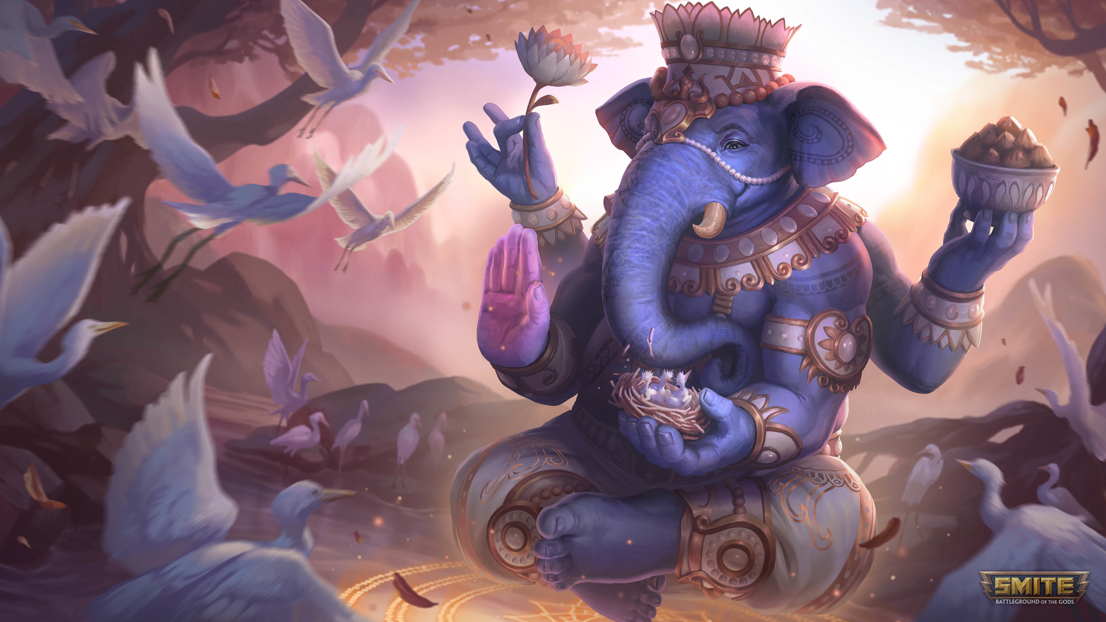 watermarked, elephant, birds, nests, Ganesh, 4K, jewelry, body jewelry, Ganesha (Smite), Anthro, Smite, flowers, HD Wallpaper
