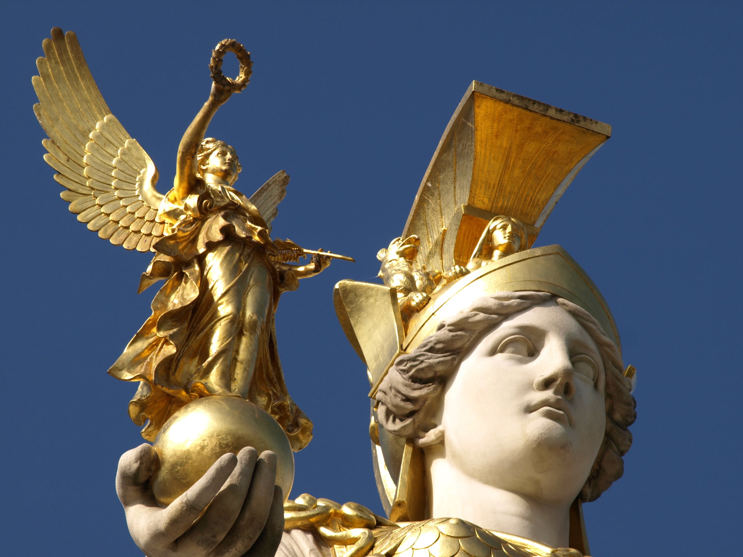 craft, fountain, outdoors, architecture, gladiator, angel, pallas athene, clear sky, 1080P, nike, gold colored, travel destinations, wisdom, representation, HD Wallpaper