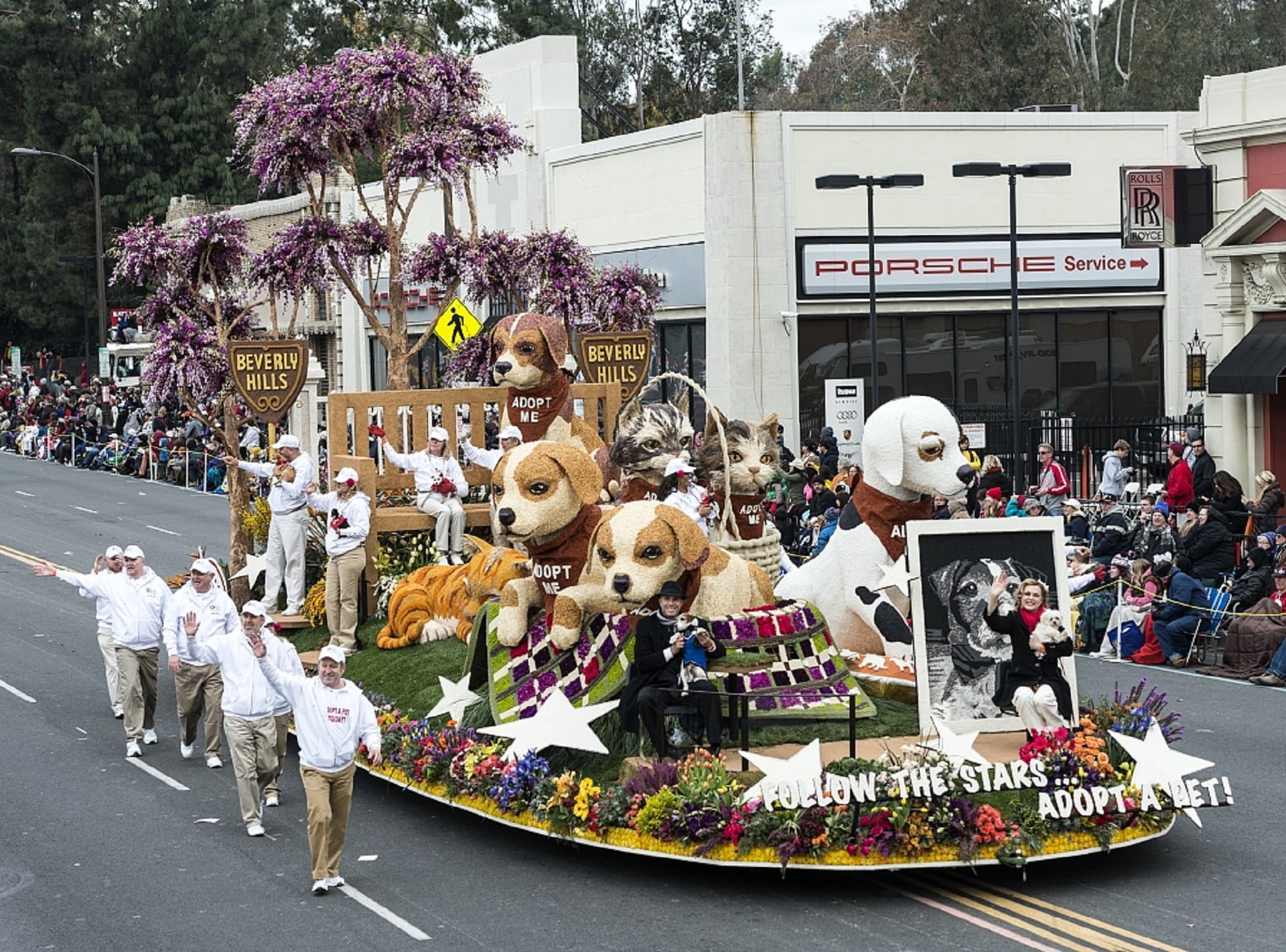 outdoors, crowd, 1080P, usa, parade, day, celebration, plant, transportation, floral, architecture, dogs, flower, pasadena, nature, tree, animal themes, HD Wallpaper