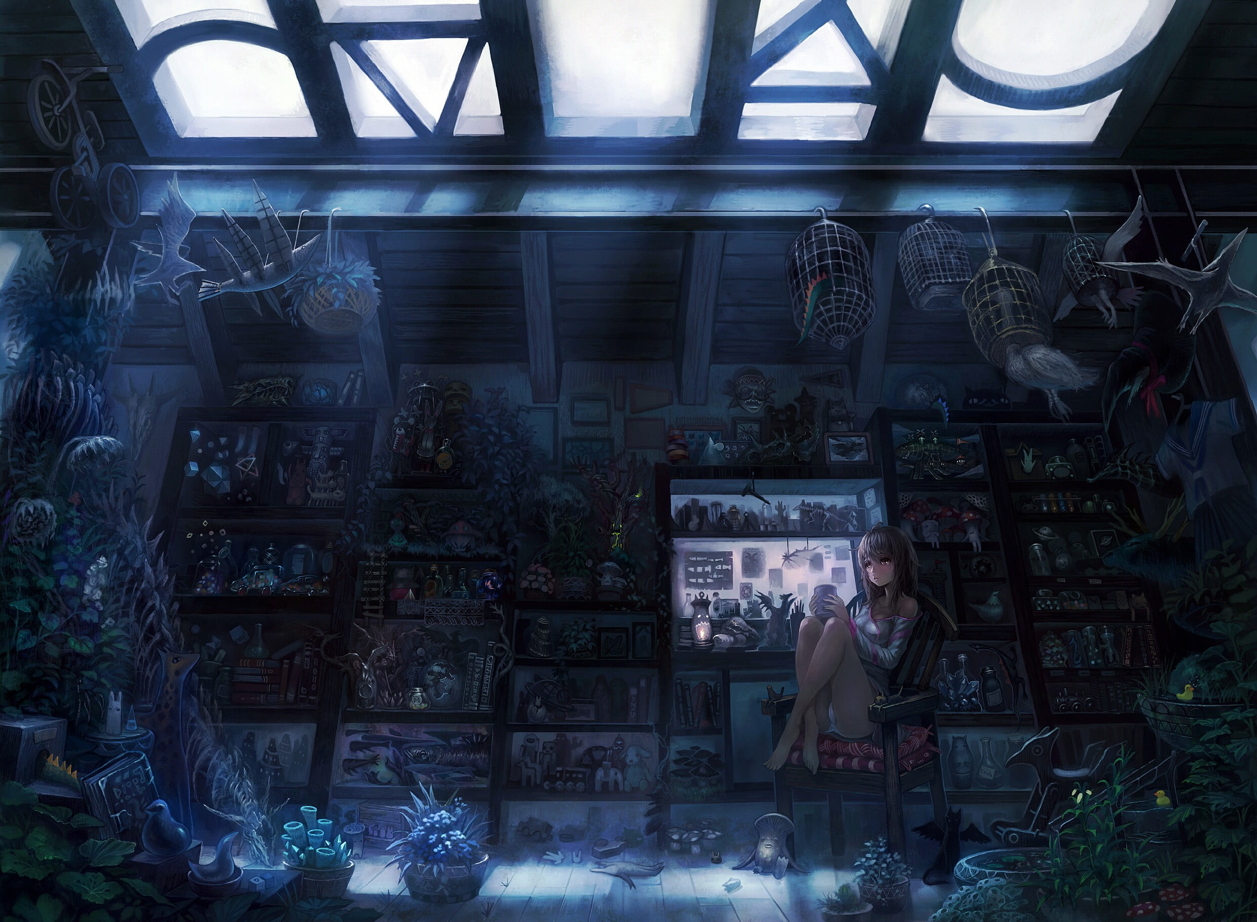 window, wall - building feature, communication, 1080P, anime girls, transparent, leisure activity, architecture, store, human representation, indoors, HD Wallpaper