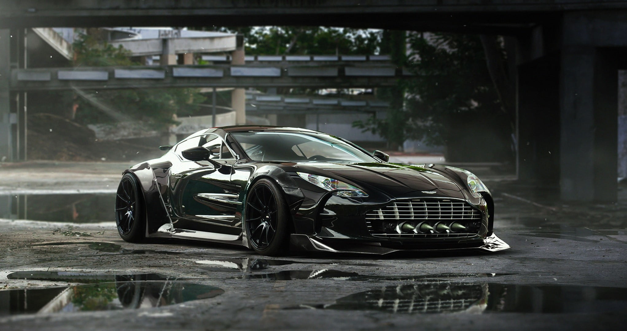 focus on foreground, garage, abandoned, glass - material, motor vehicle, Black, city, selective focus, ruined, Tuning, Aston Martin, close-up, ONE-77, Supercar, HD Wallpaper