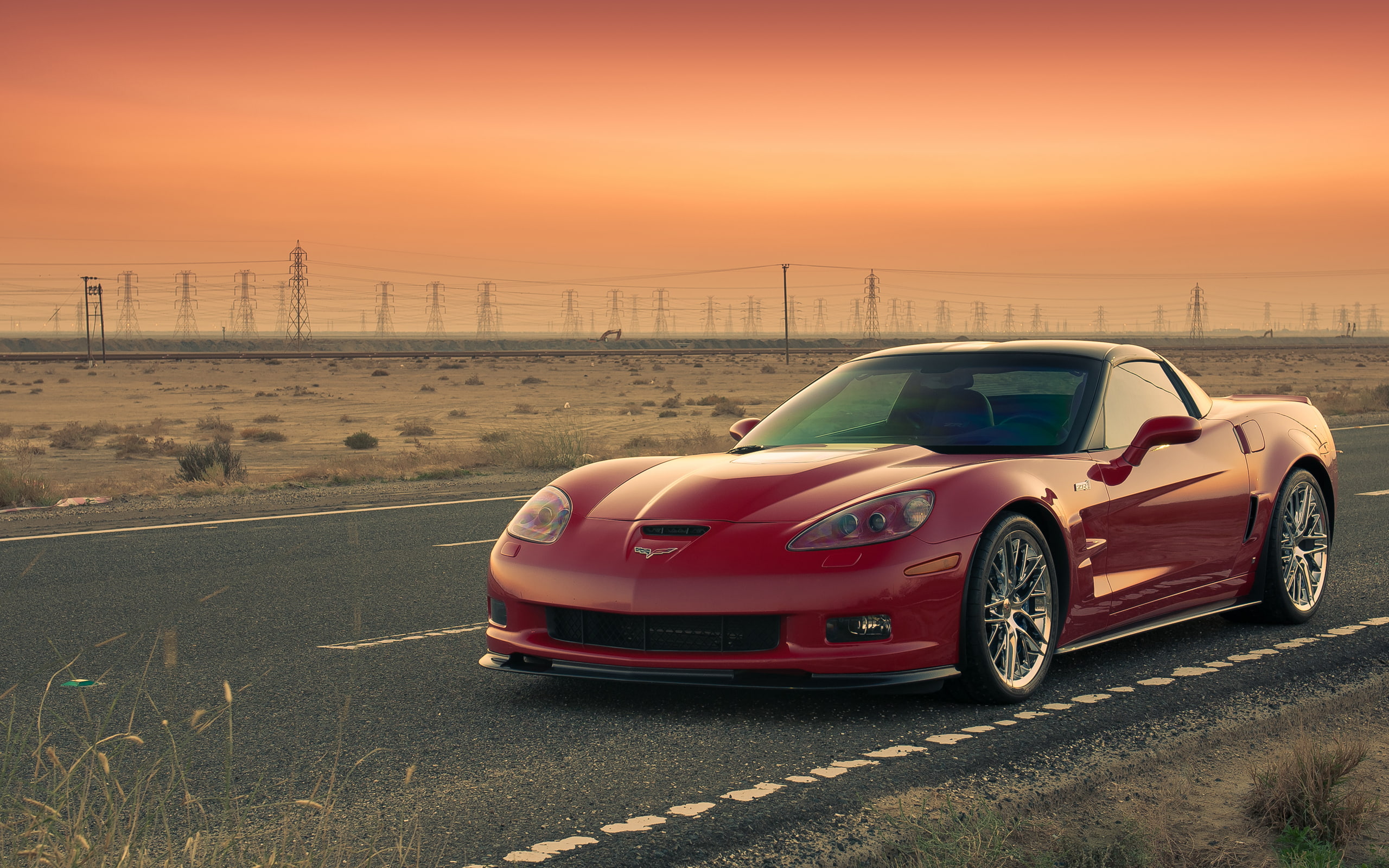 Corvette, 2K, sunset, ZR1, road, Chevrolet, HD Wallpaper