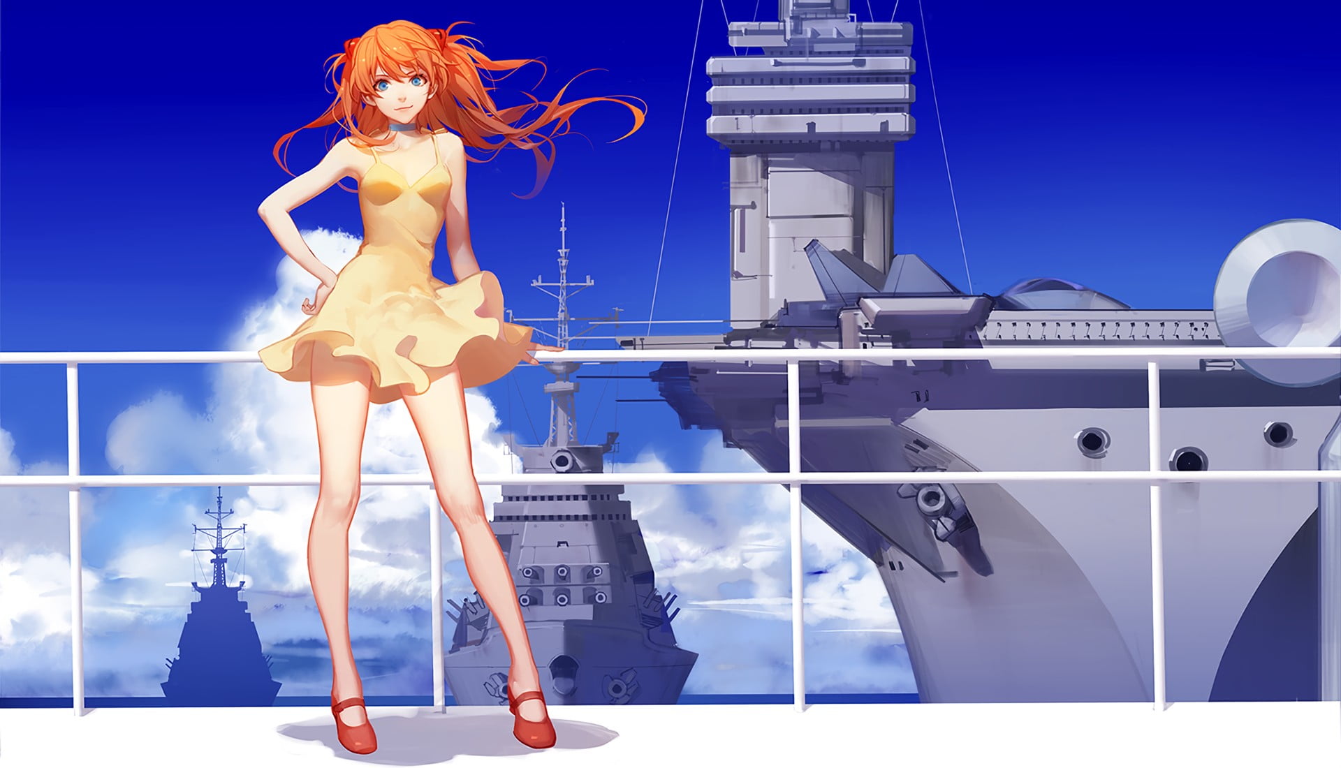 blue, young women, one person, standing, beauty, composite image, adult, anime girls, robot, women, Neon Genesis Evangelion, cloud - sky, sky, Asuka Langley Soryu, HD Wallpaper
