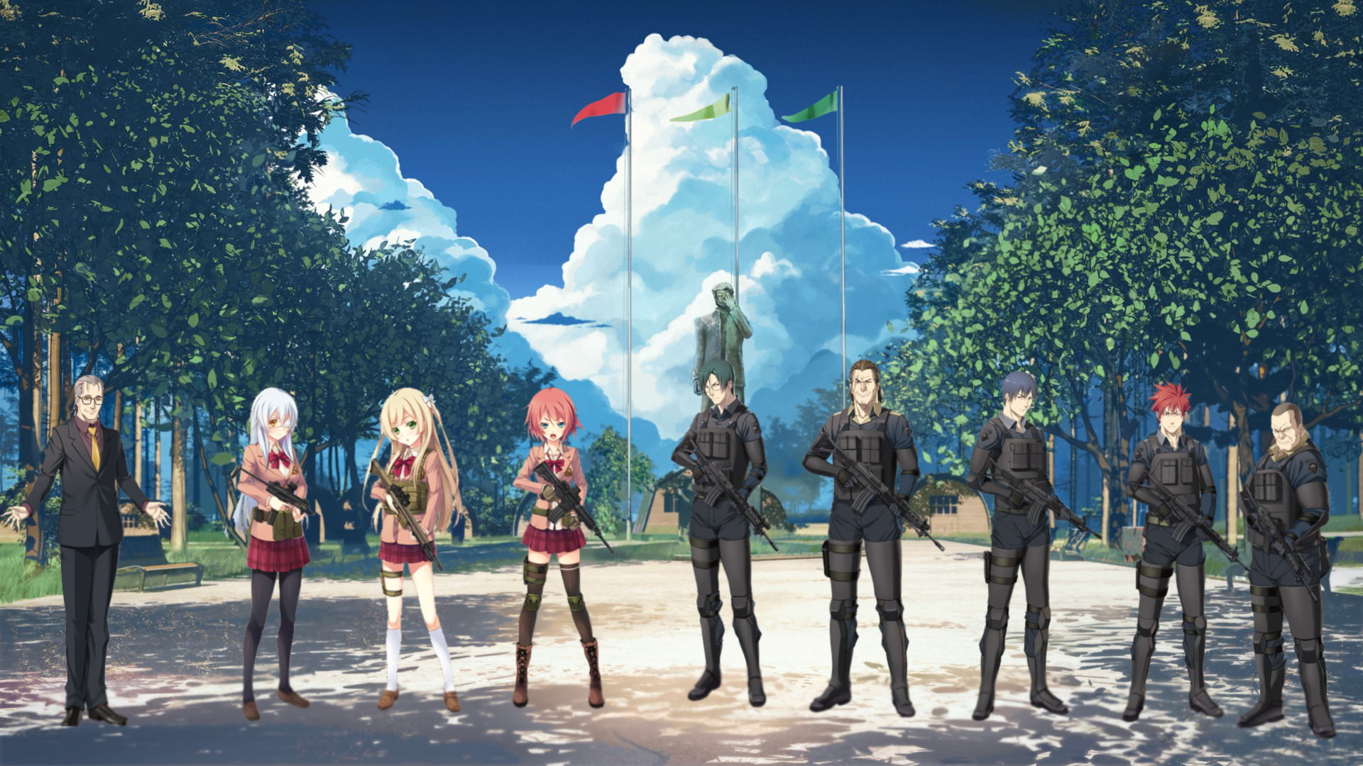 women, outdoors, real people, representation, visual novel, day, people, full length, redhead, anime, anime boys, group of people, nature, government, uniform, HD Wallpaper