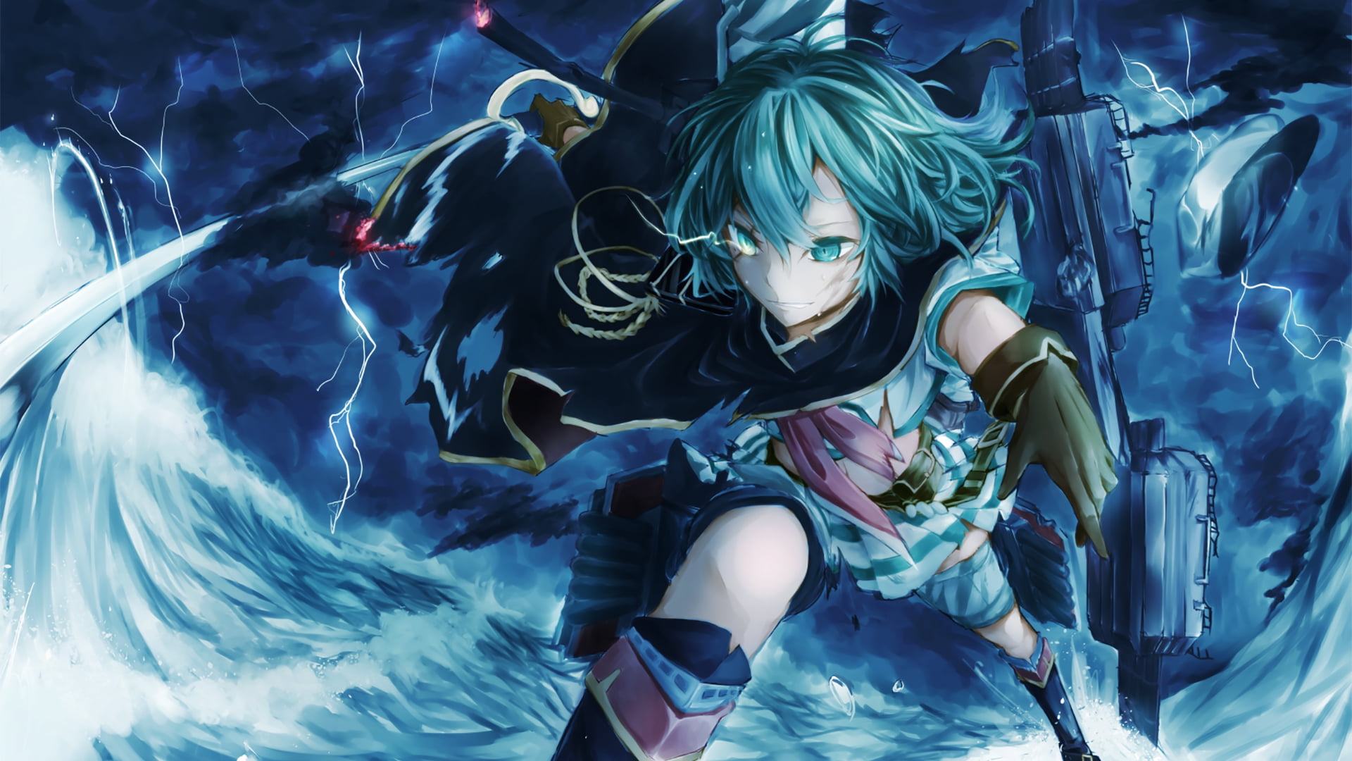 anime girls, young women, indoors, paint, Kiso (KanColle), sea, one person, costume, digital composite, festival, blue, art and craft, 1080P, anime, lifestyles, HD Wallpaper