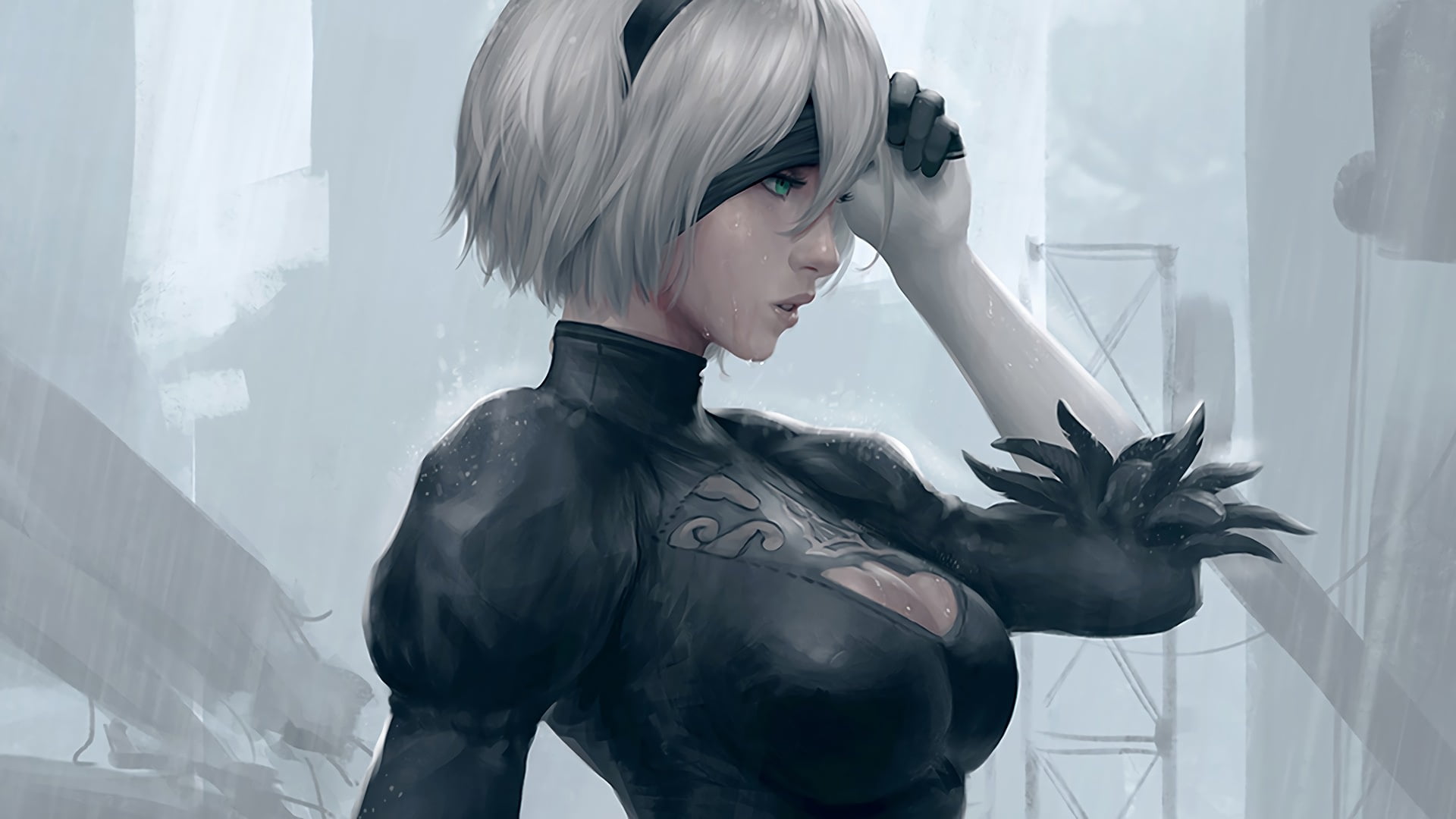 silver hair, dress, gray, face, nier automata, fan-art, lips, eye band, eye patch, hair, 1080P, black, silver, android, white, pale skin, HD Wallpaper