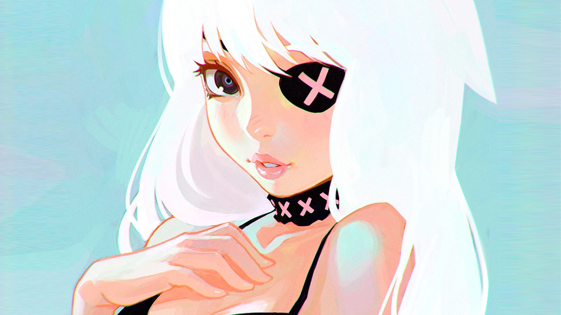 white hair, eye patch, 1080P, anime girls, HD Wallpaper