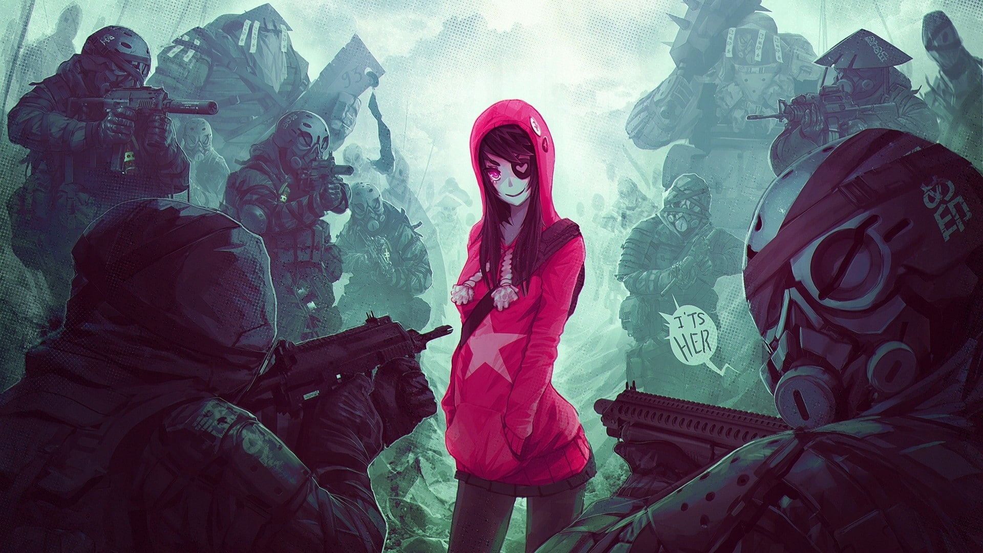 eye patch, artwork, anime girls, 1080P, soldier, gun, HD Wallpaper