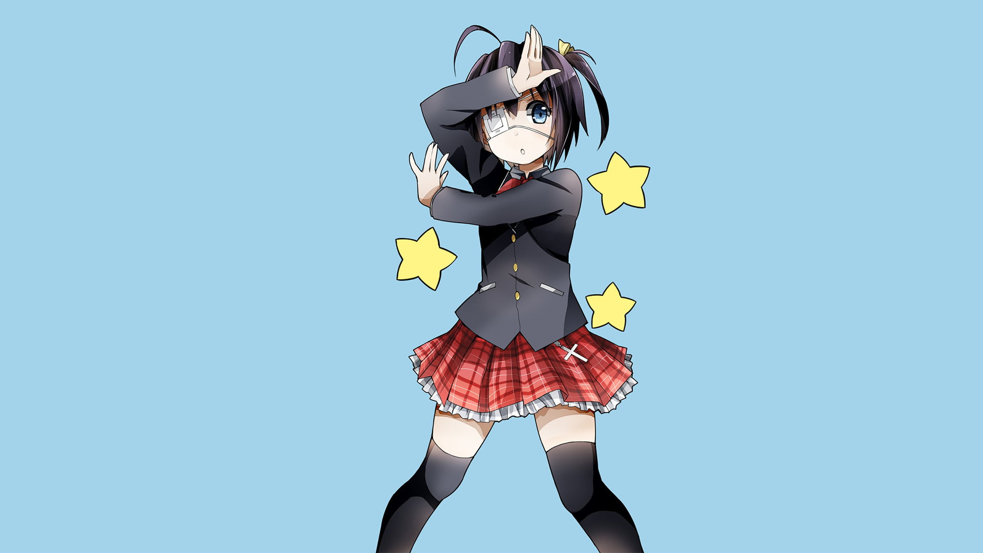 glasses, emotion, females, Girl, Thigh Highs, 1080P, Love, blue, nature, beauty, Skirt, studio shot, one person, copy space, standing, blue background, HD Wallpaper