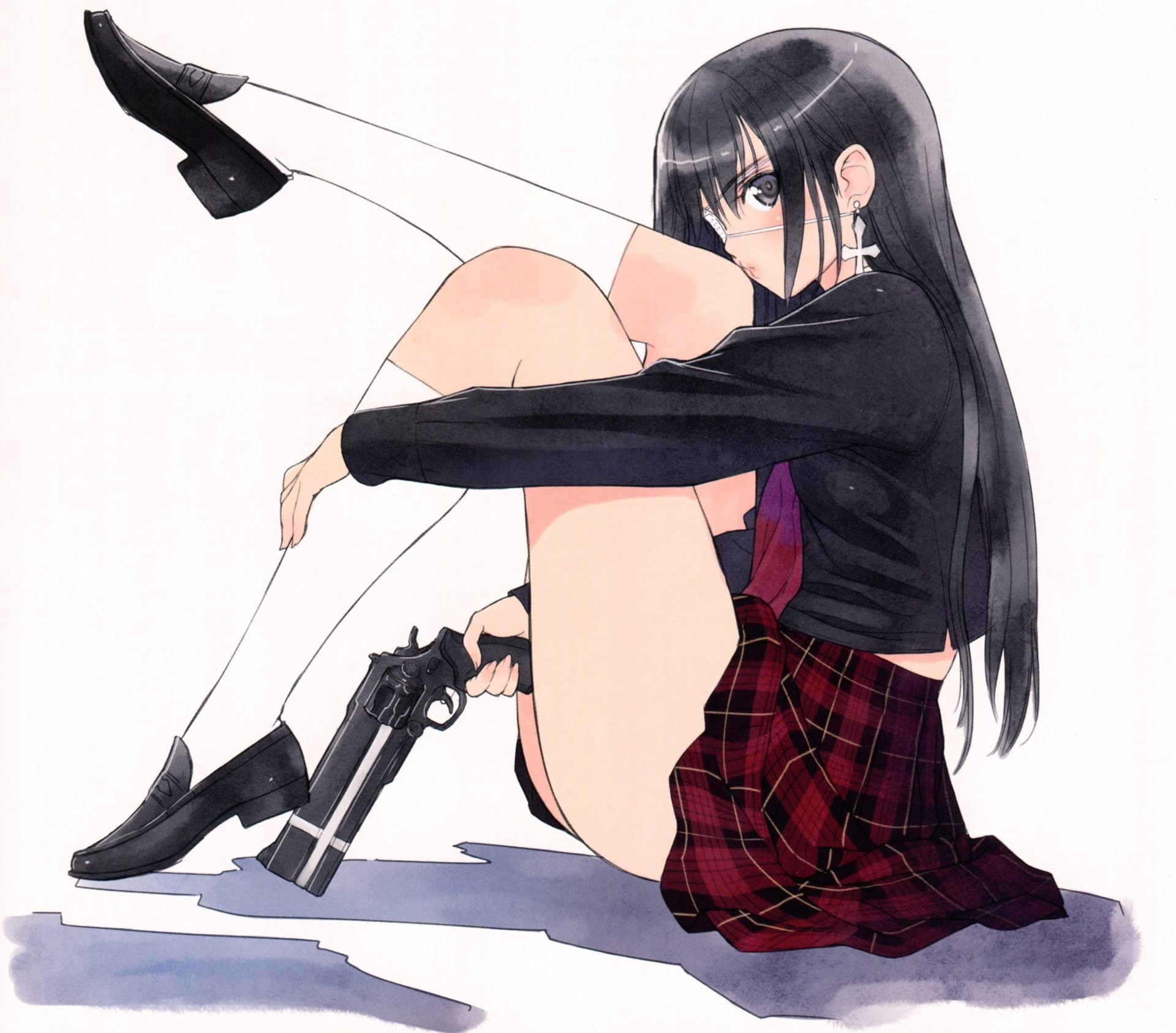 Socks, Anime, Weapon, Girl, Long Hair, 1080P, Skirt, Blush, Maria Akeno, Sister Blood, Eye Patch, School Uniform, Black Hair, HD Wallpaper