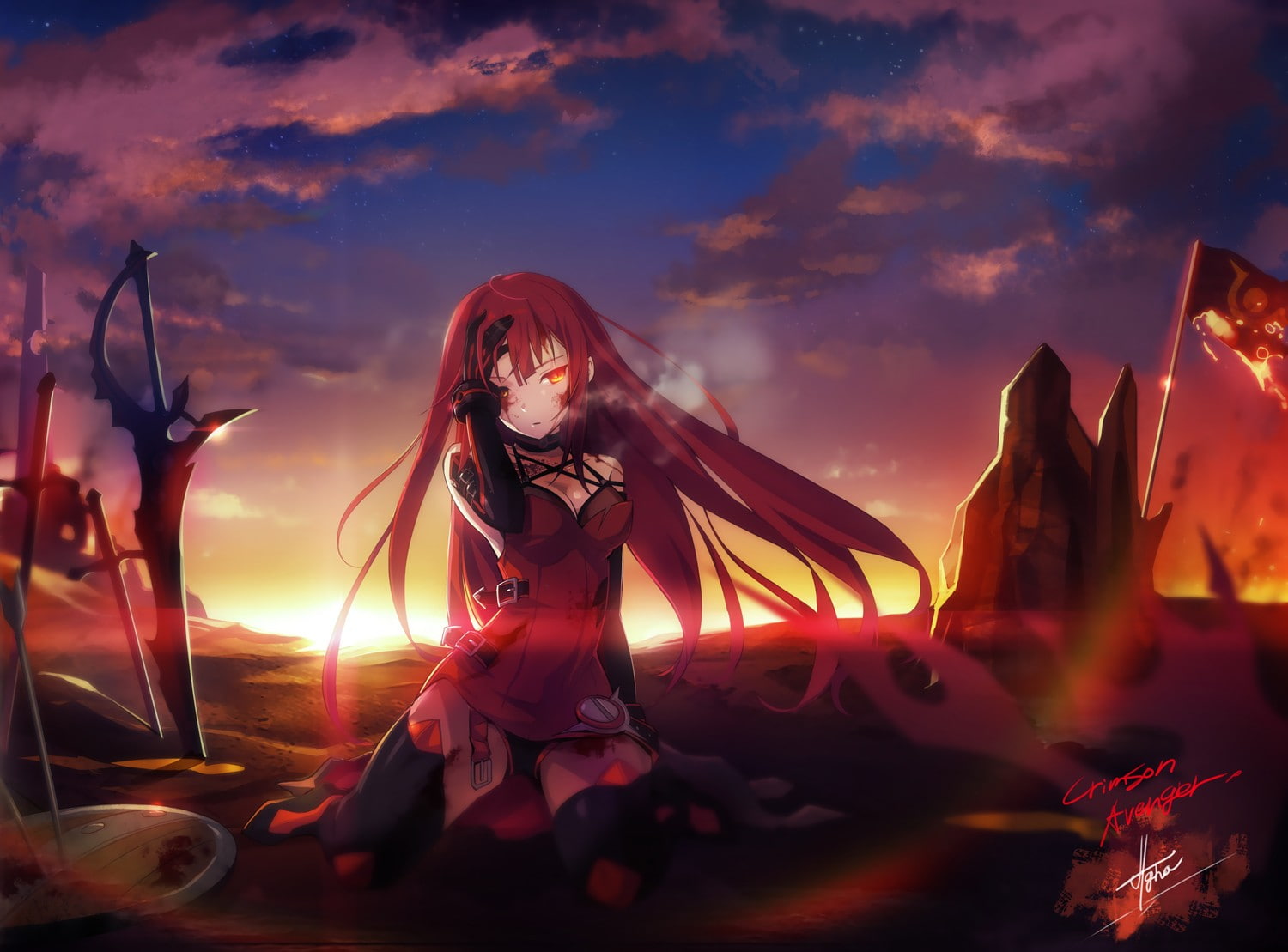 anime, Elsword, anime girls, Elesis (Elsword), red eyes, weapon, 720P, HD Wallpaper