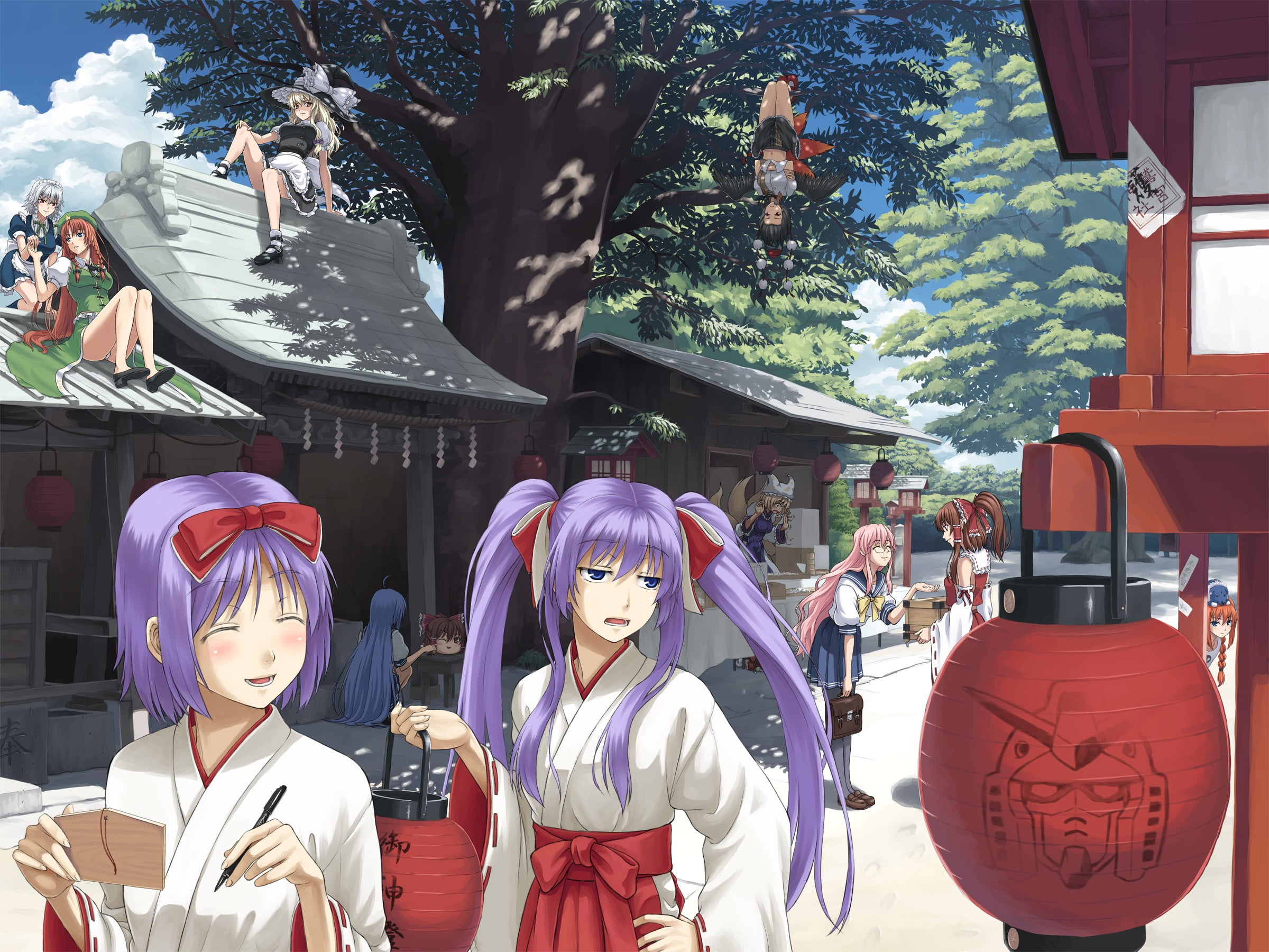 Hiiragi Kagami, sunlight, built structure, Touhou, tree, 1080P, building exterior, group of people, men, day, clothing, anime, plant, people, nature, Lucky Star, HD Wallpaper