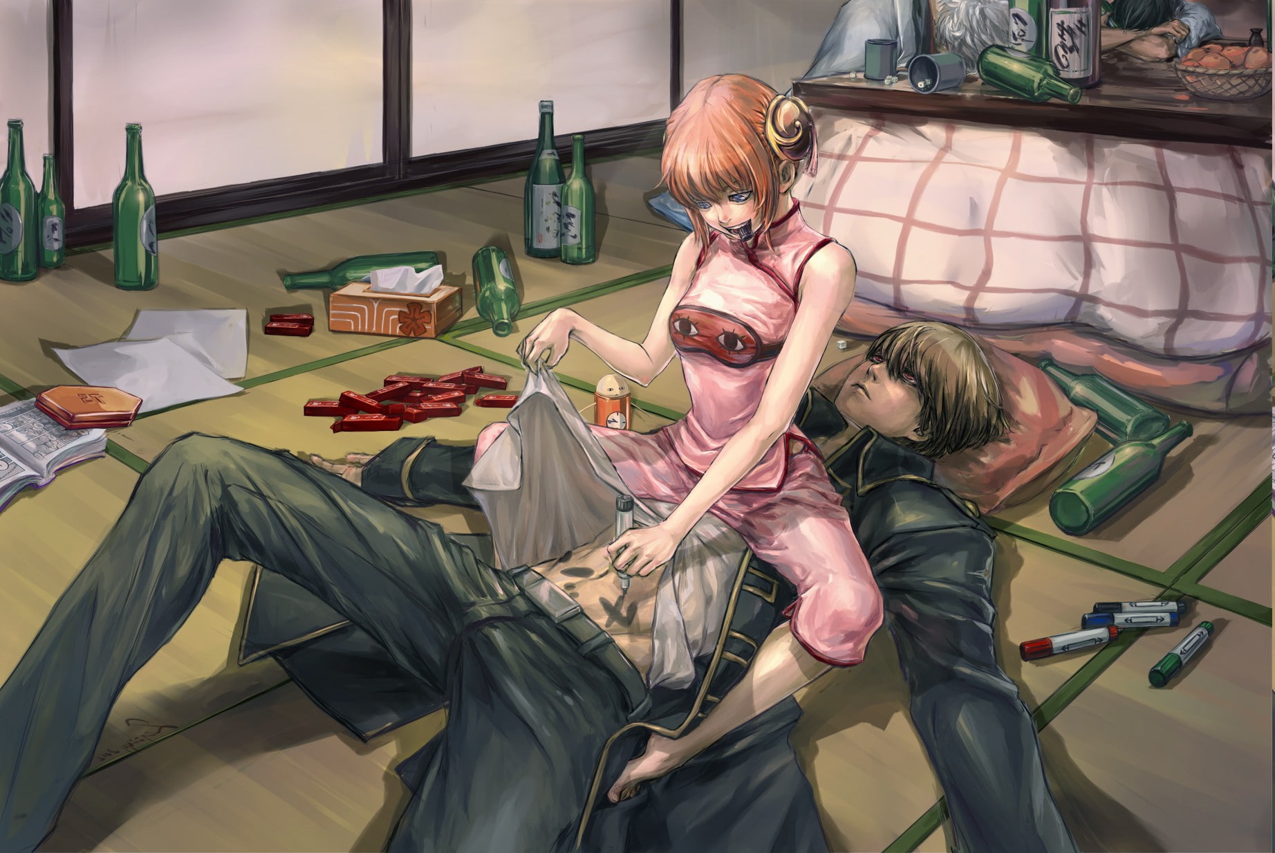 two people, hair, women, adult, Sakata Gintoki, child, girls, hairstyle, anime, x px, Okita Sougo, togetherness, childhood, table, emotion, Kagura, friendship, HD Wallpaper