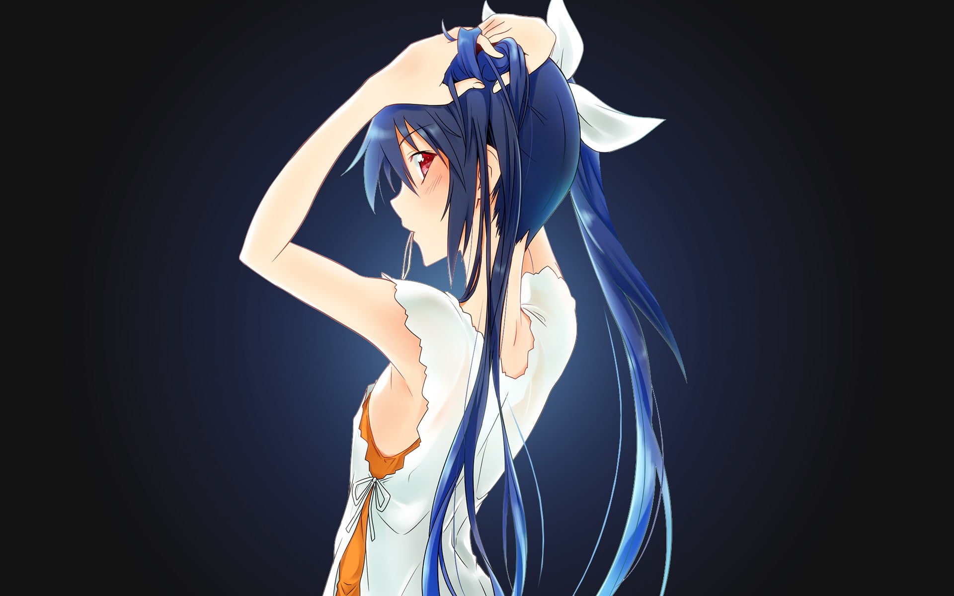 Blue Hair, Red Eyes, studio shot, Long Hair, fashion, black background, sexy anime, clothing, waist up, illuminated, young women, Anime Girls, dancing, HD Wallpaper