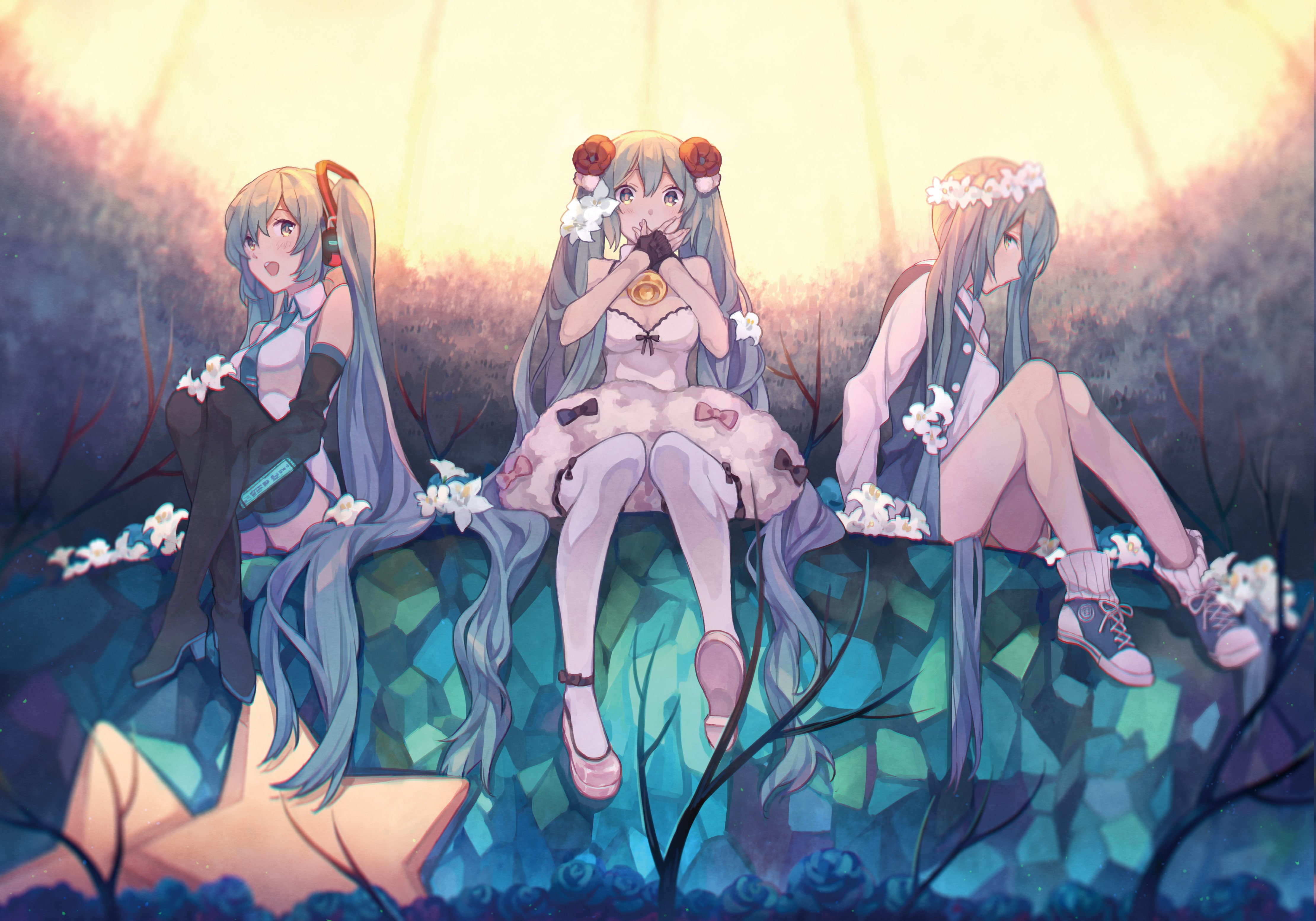 Hatsune Miku, men, people, sexy anime, twintails, front view, 4K, son, bonding, flowers, Long Hair, childhood, nature, young adult, males, females, vocaloid, HD Wallpaper