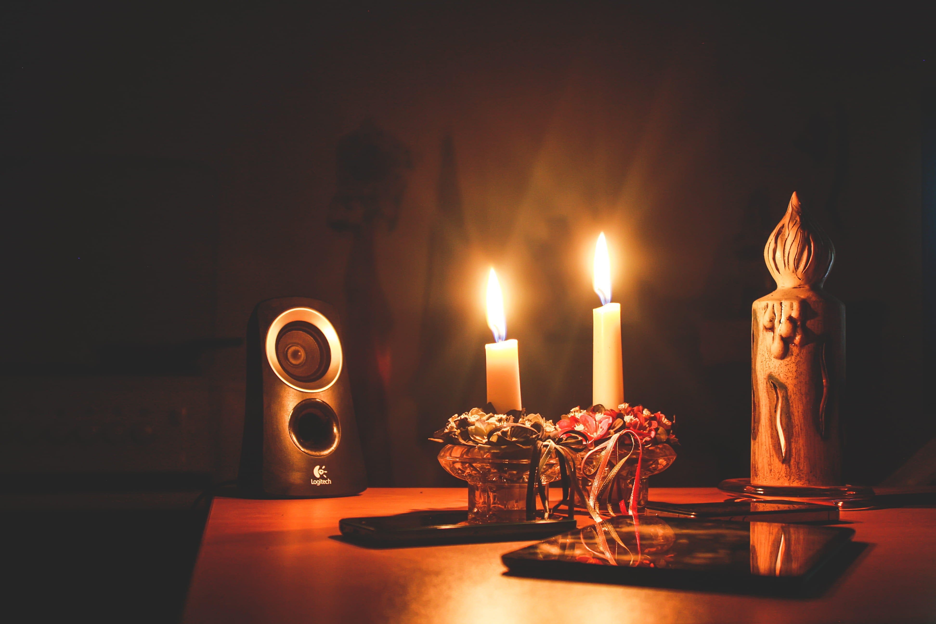 dark, fire - natural phenomenon, wood - material, apple, melting, no people, darkroom, burning, table, lights, antique, heat - temperature, candle, flame, HD Wallpaper