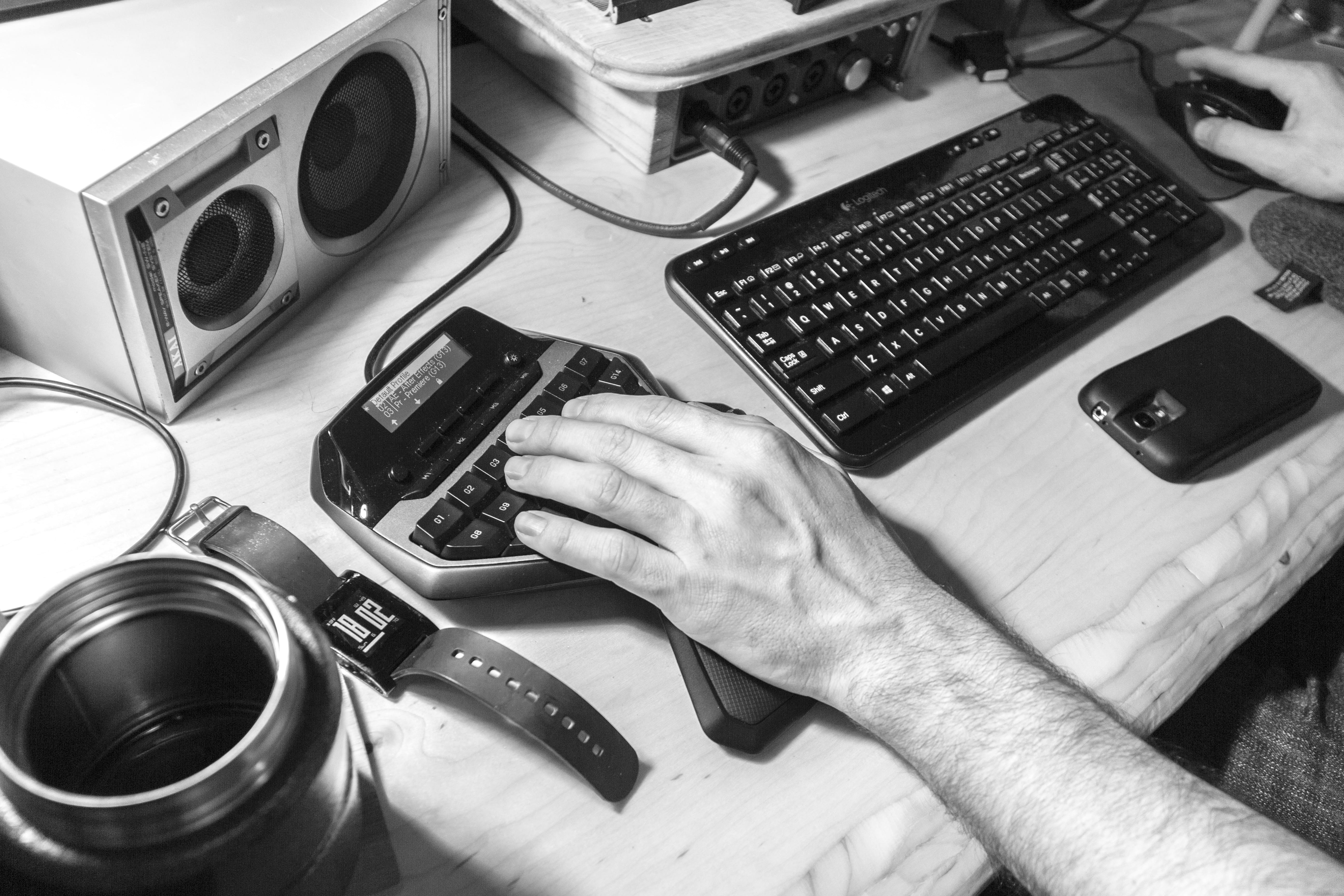 one person, logitech, holding, handcrafted, equipment, technology, keyboard, wristwatch, grayscale, high angle view, audio, left, communication, camera - photographic equipment, HD Wallpaper