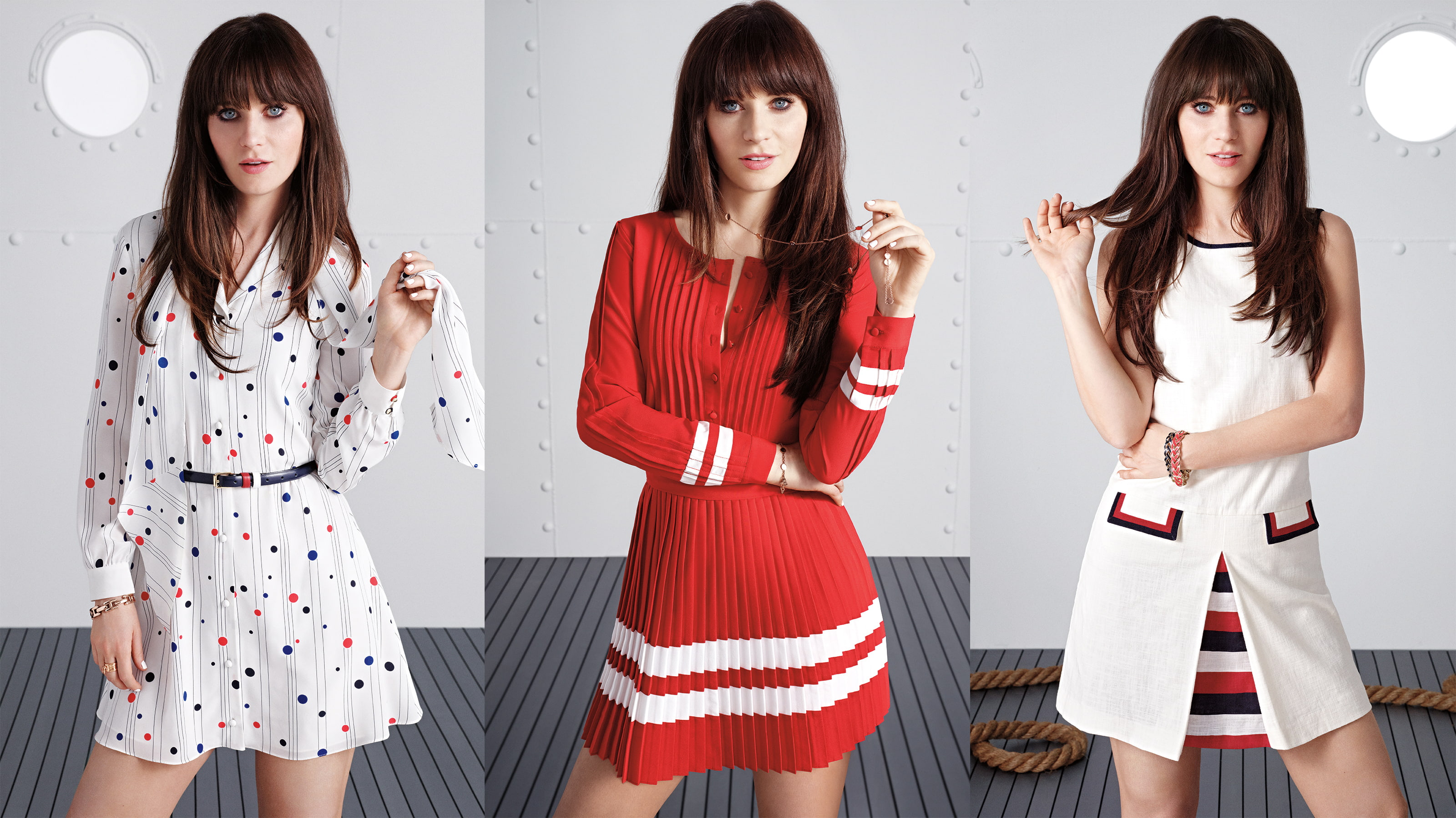 long hair, brunette, women, dress, actress, collage, celebrity, Zooey Deschanel, 2K, red dress, dark hair, dots, HD Wallpaper