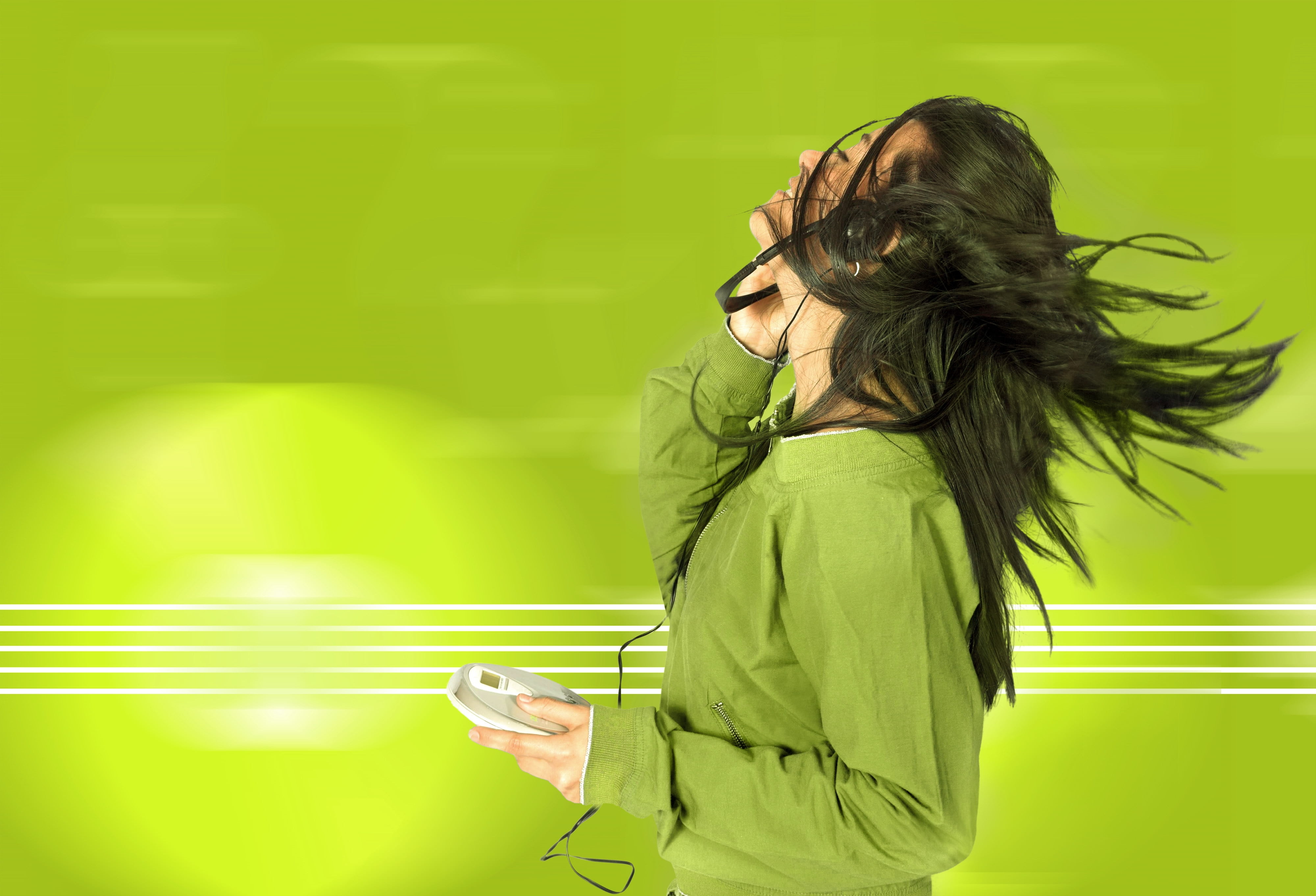 women, green, females, caucasian Ethnicity, wireless technology, looking, cool, brown Hair, playing, connection, cd, yellow, girl, sunglasses, elegance, HD Wallpaper