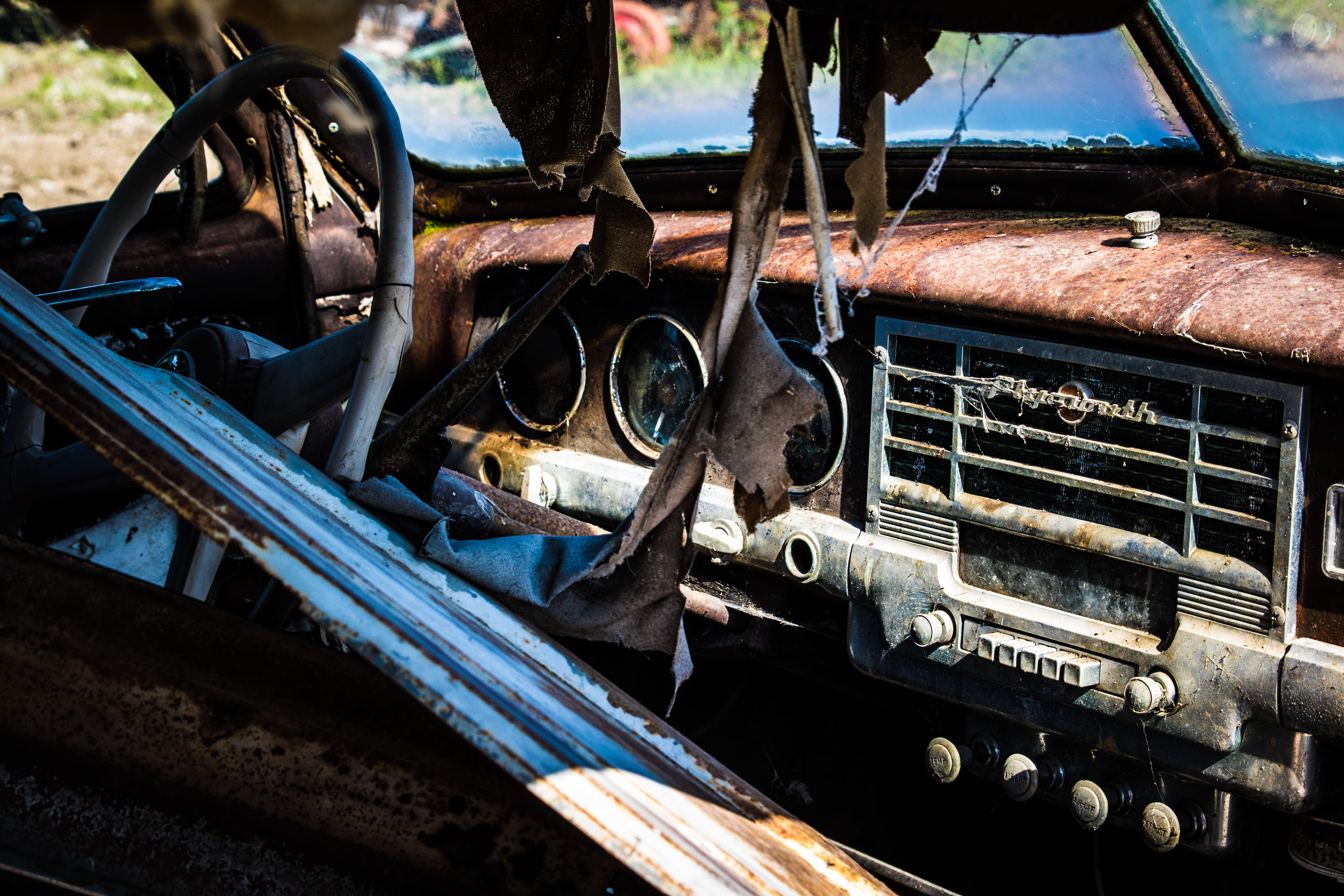 antique, run-down, 5K, abandoned, no people, plymouth, obsolete, track, retro styled, wheel, day, eight-track cassette player, mode of transportation, HD Wallpaper