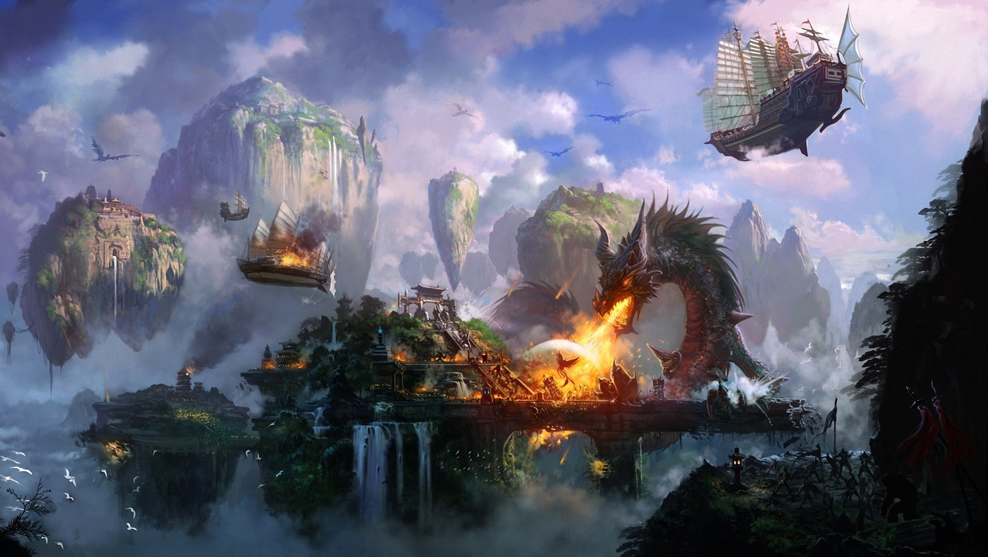 1080P, art, temple, battle, city, bird, attack, cliffs, ships, flying, fire, mountains, liang, dragon, xing, waterfalls, HD Wallpaper