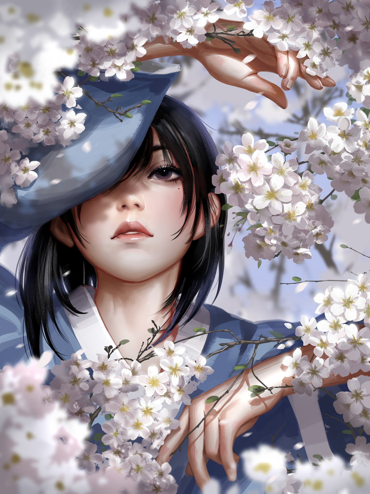 illustration, artwork, portrait display, brunette, women, original characters, parted lips, digital art, drawing, 1080P, vertical, cherry blossom, Liang Xing, Phone HD Wallpaper