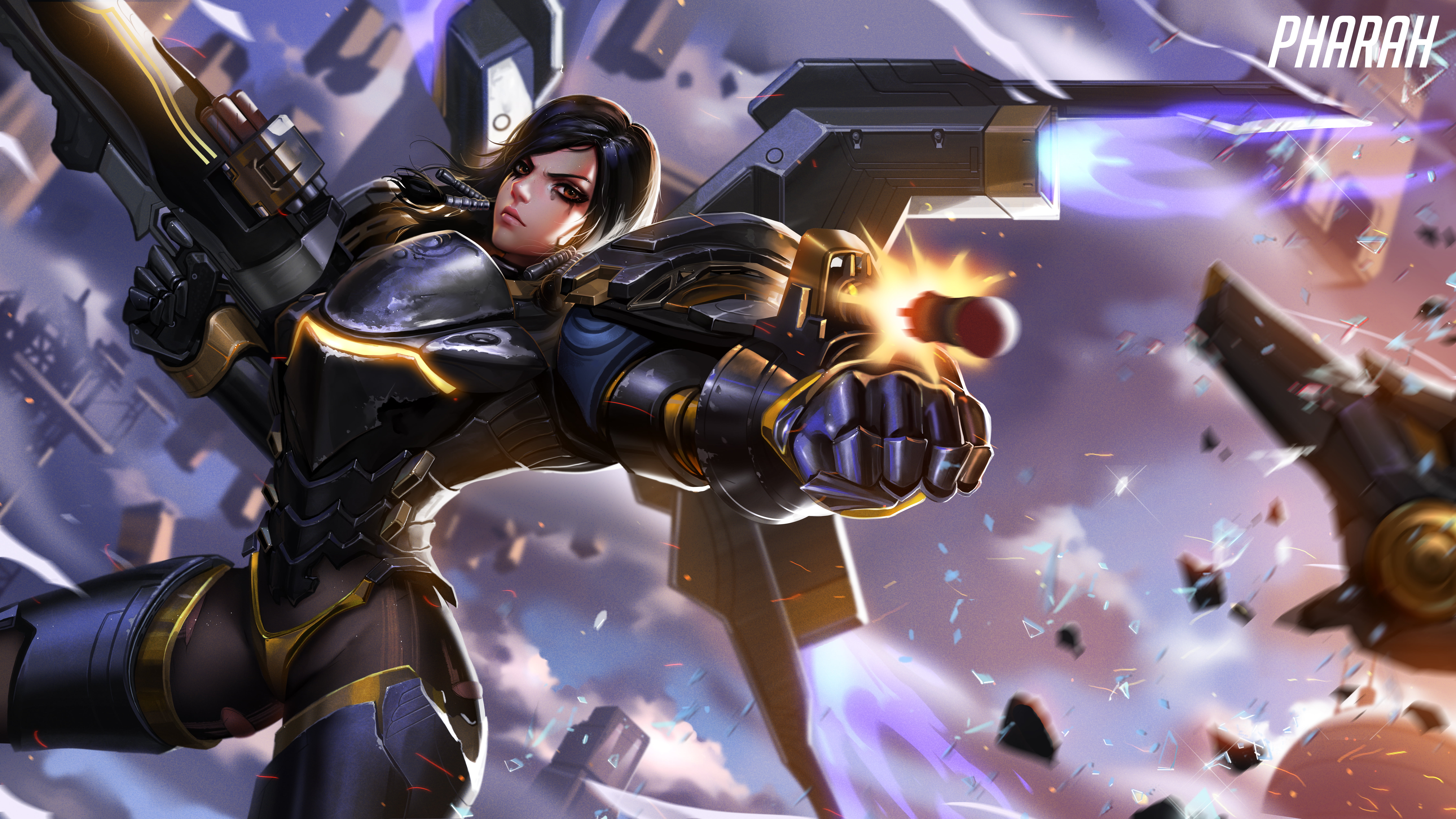 Liang Xing, fantasy girl, angry, armored woman, science fiction, Pharah (Overwatch), digital art, Liang-Xing, brown eyes, Overwatch, weapon, fan art, video game characters, HD Wallpaper