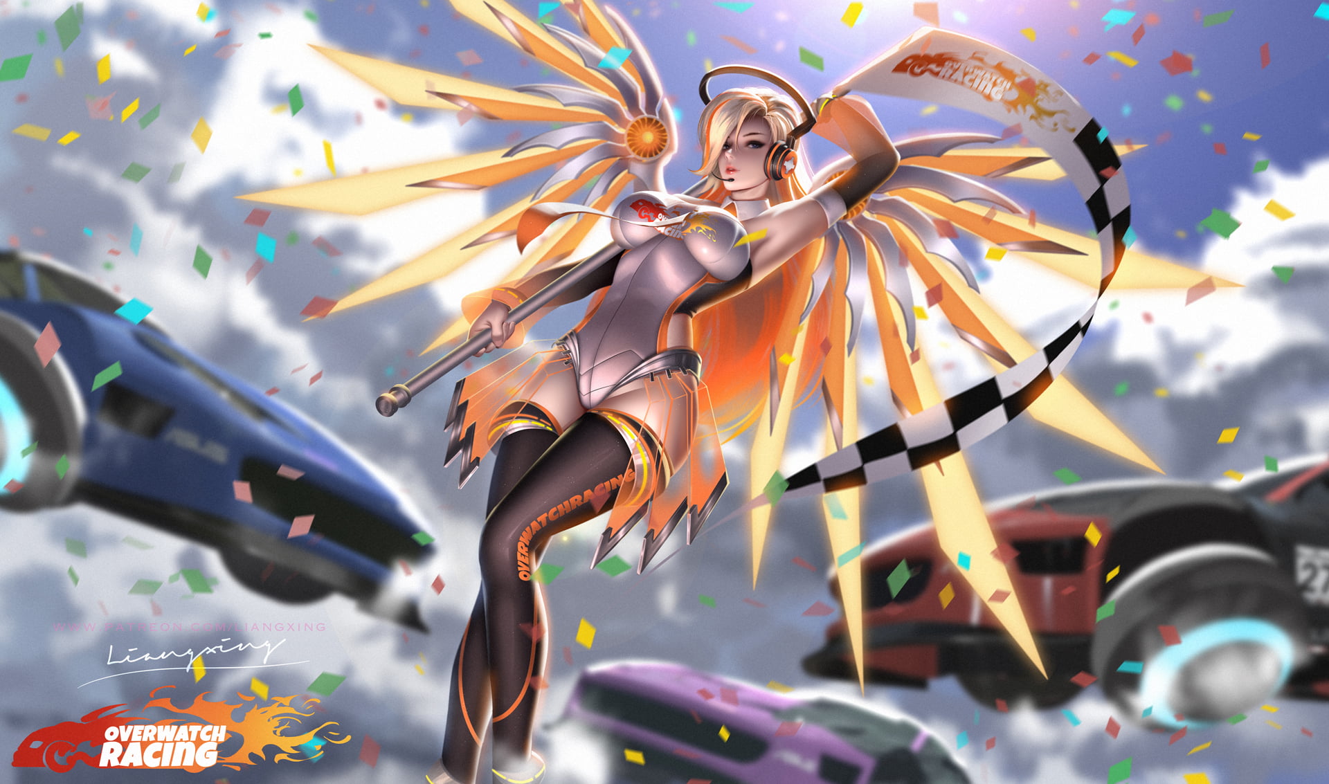 women, racing, bodysuit, Mercy, car, headsets, flag, blonde, wings, Overwatch, long hair, 1080P, floating, Liang-Xing, Mercy (Overwatch), drawing, HD Wallpaper