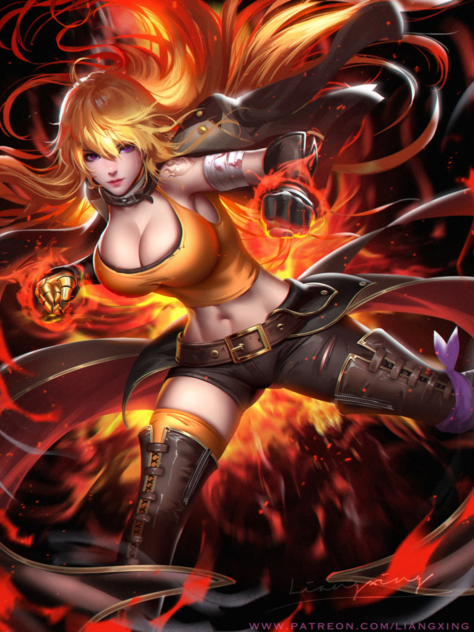 sportwear, thigh-highs, gloves, fist, 720P, redhead, Yang Xiao Long, drawing, shorts, spell, long hair, fire, Liang-Xing, tank top, choker, bandage, RWBY, Phone HD Wallpaper