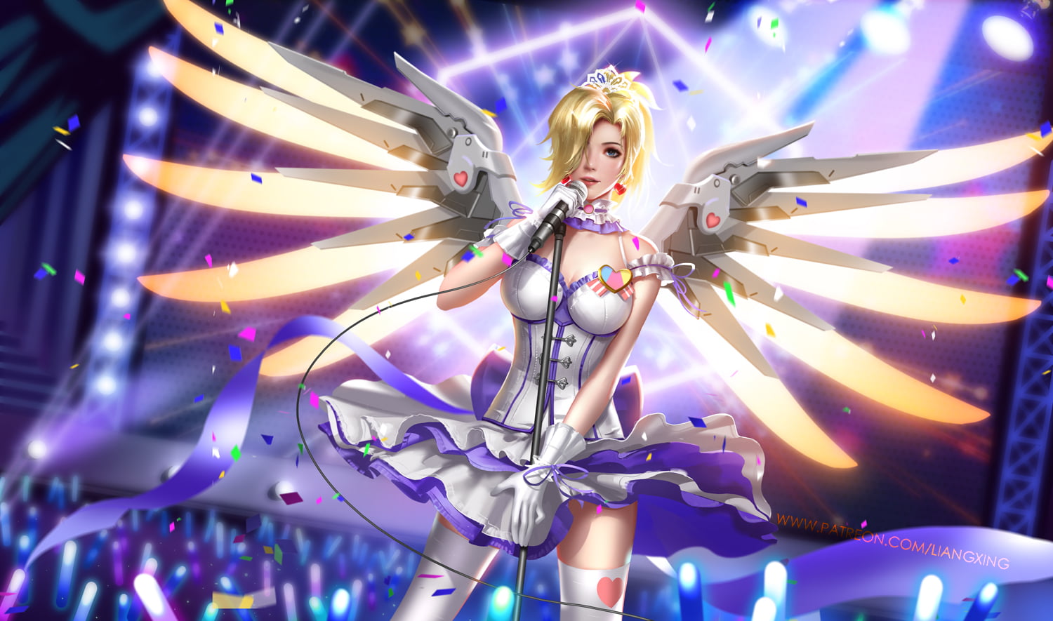 wings, glowing, singing, thigh-highs, gloves, Overwatch, dress, hair over one eye, drawing, women, white clothing, Mercy (Overwatch), blonde, microphone, HD Wallpaper