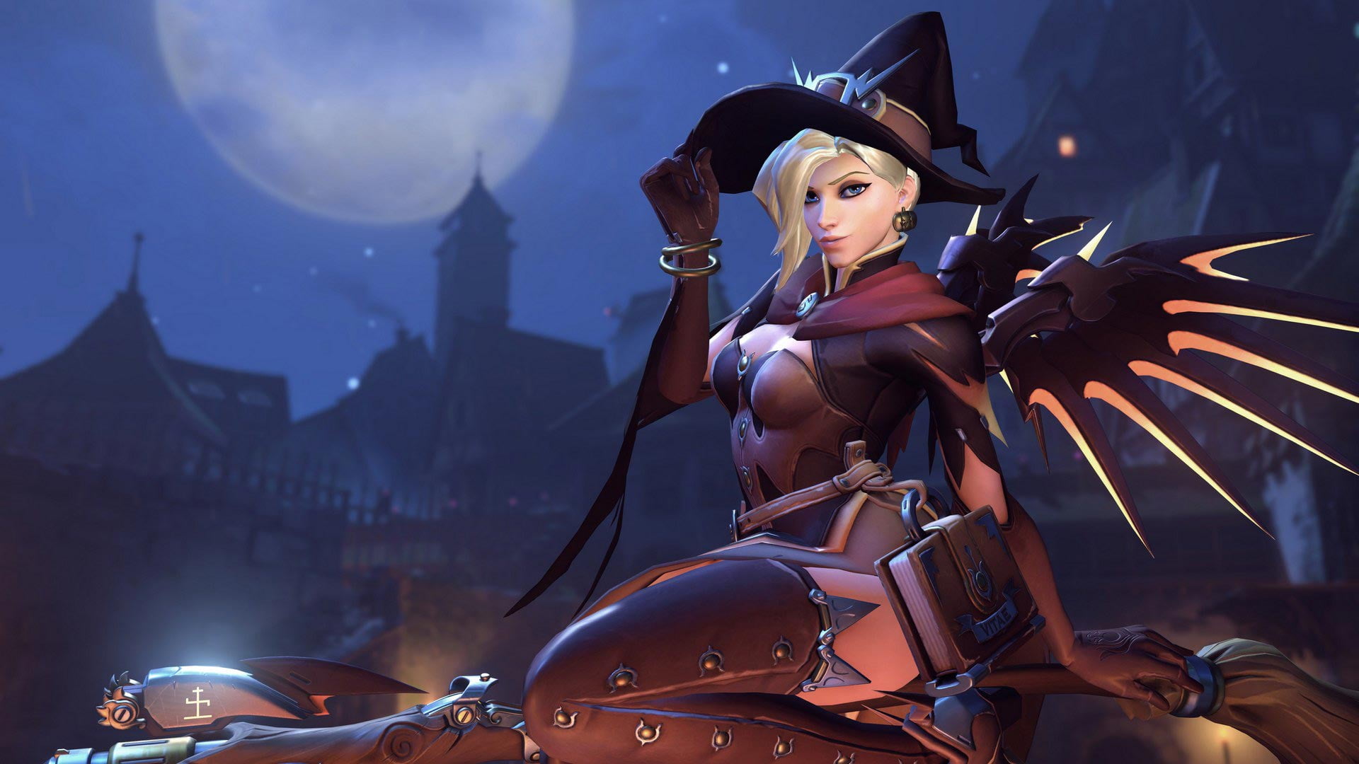 Mercy (Overwatch), wings, Moon, Overwatch, angel wings, Witch Mercy, city, 1080P, HD Wallpaper