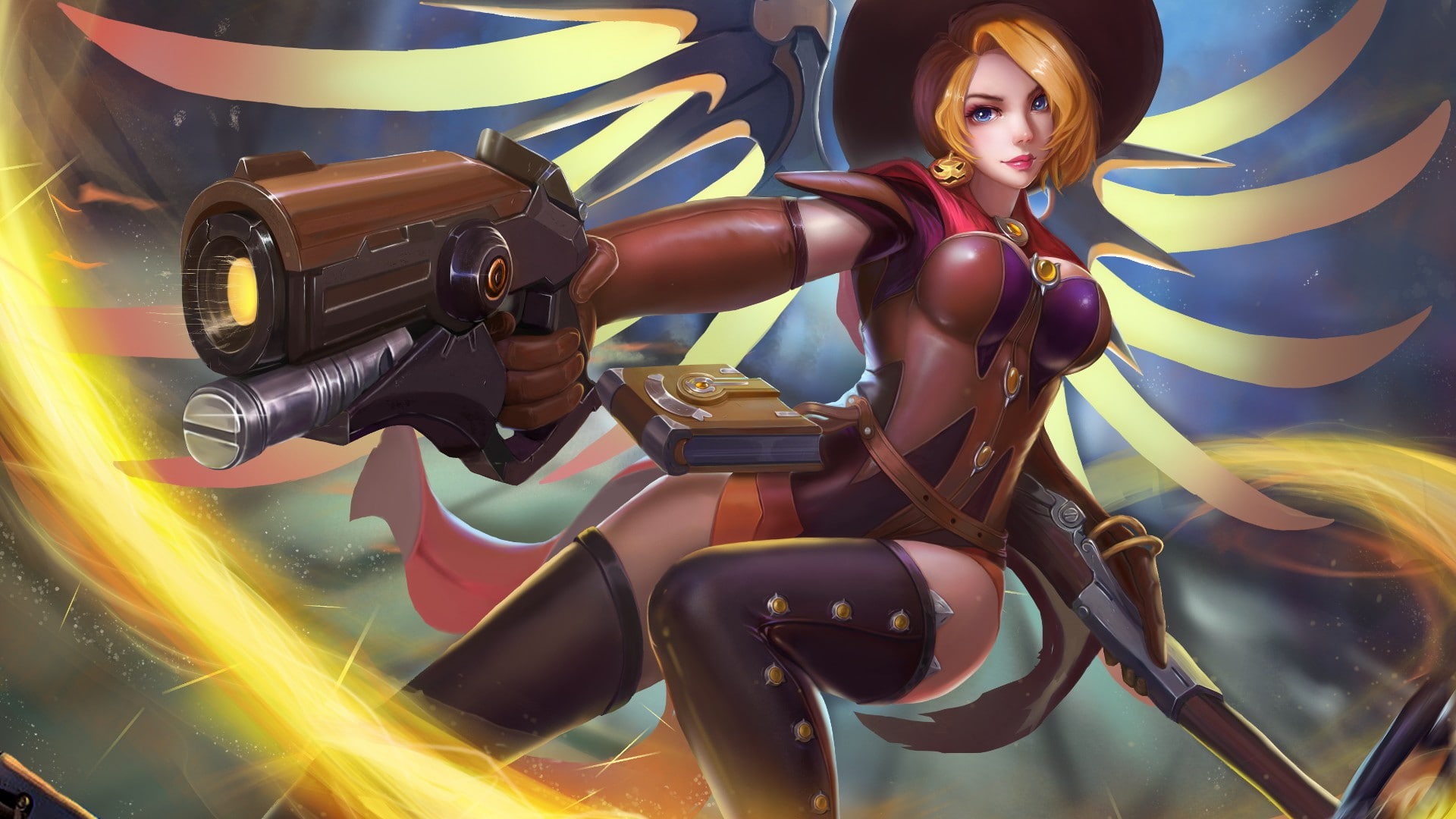 gun, blue eyes, Overwatch, artwork, highs, Girls with guns, thigh, Blonde, Witch Mercy, digital art, Mercy (Overwatch), wings, 1080P, women, Thighs, video, HD Wallpaper