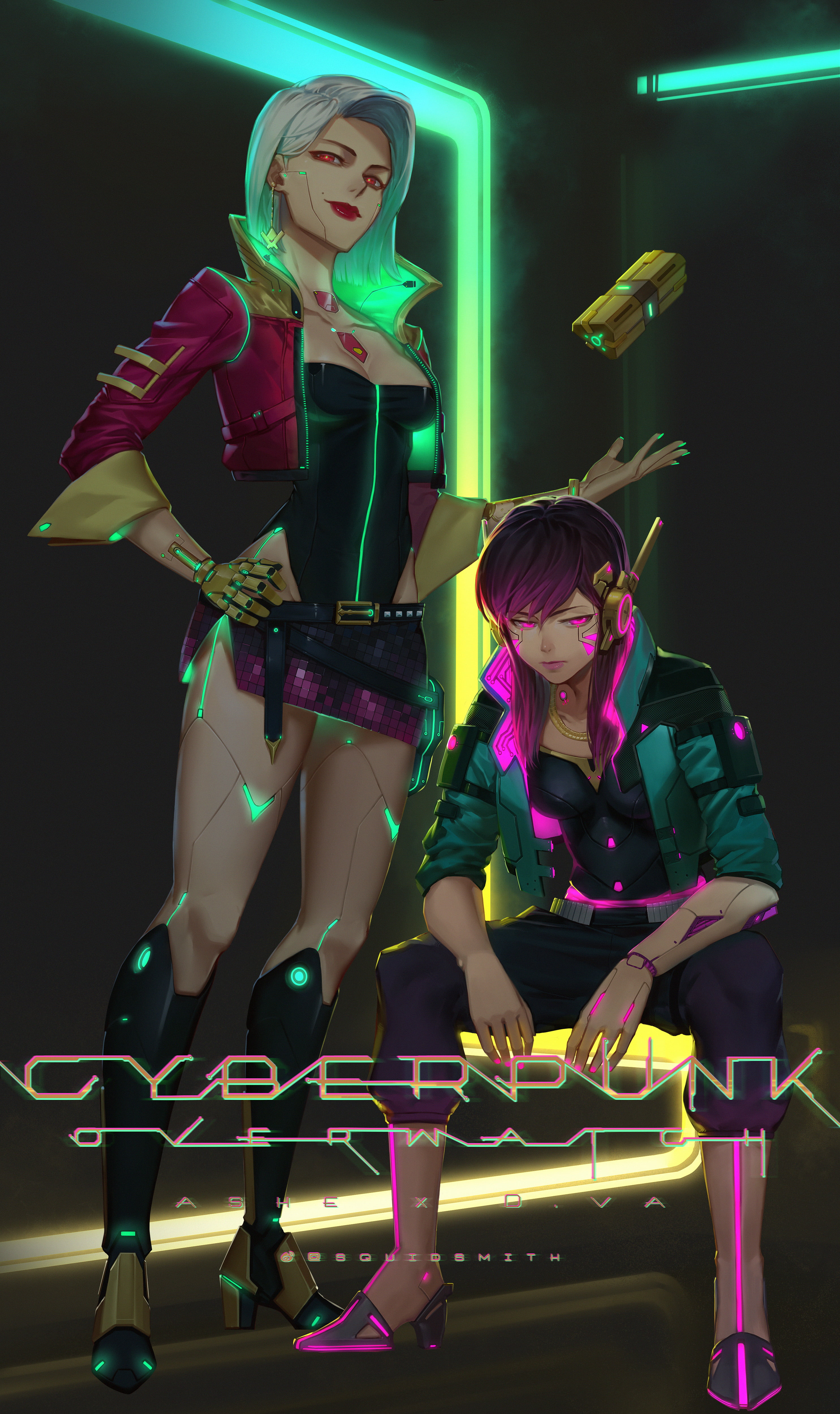 Overwatch, Ash (Overwatch), artwork, cyberpunk, video game art, digital art, 4K, D.Va (Overwatch), Phone HD Wallpaper
