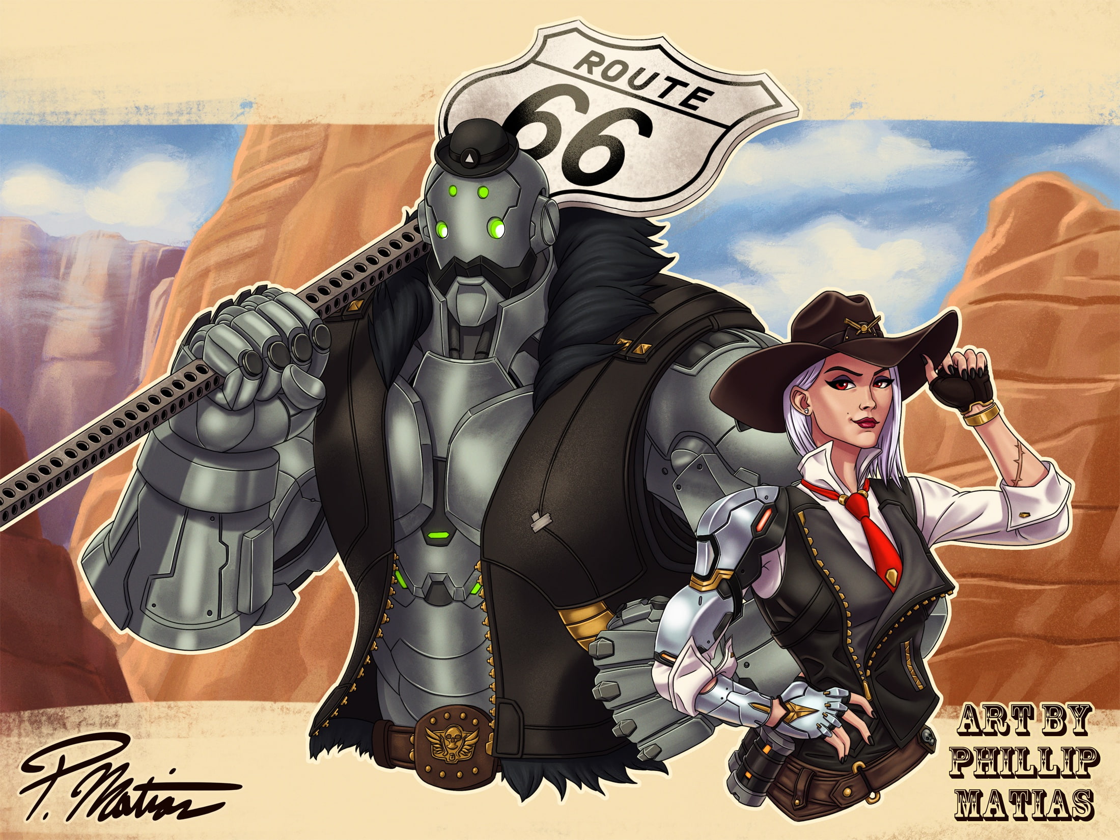 Elizabeth Caledonia, robot, road sign, 1080P, bob, hat, overwatch, ashe, art, HD Wallpaper