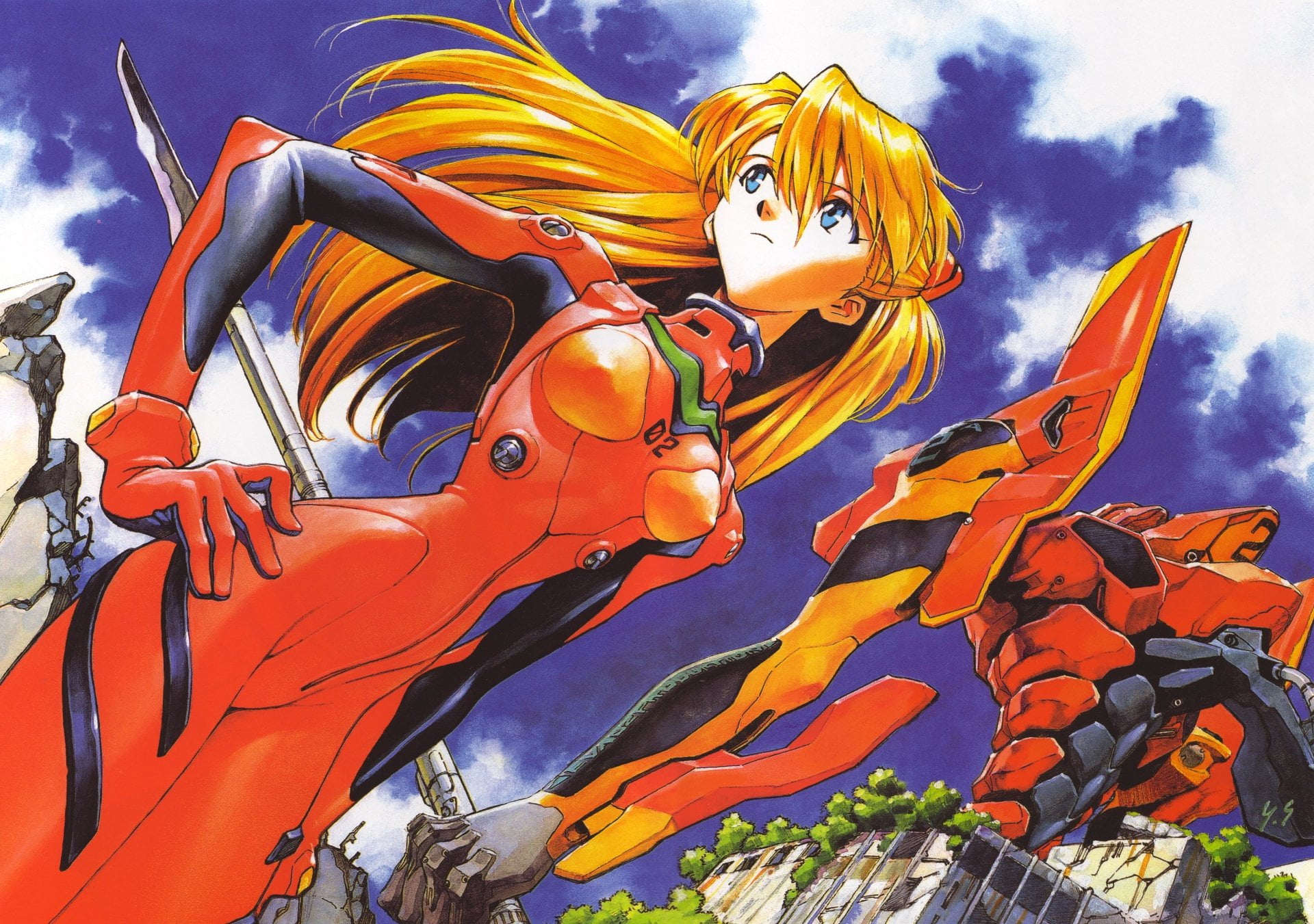 human representation, belief, orange color, multi colored, sky, art and craft, cloud - sky, Neon Genesis Evangelion, place of worship, day, 1080P, sculpture, HD Wallpaper