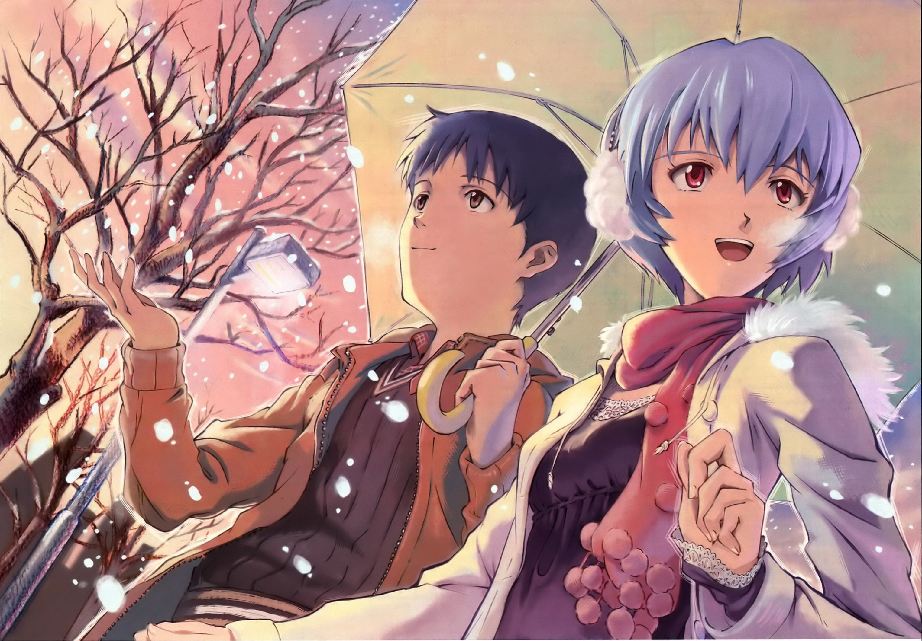 Ikari Shinji, Ayanami Rei, Neon Genesis Evangelion, anime, 2K, winter, HD Wallpaper