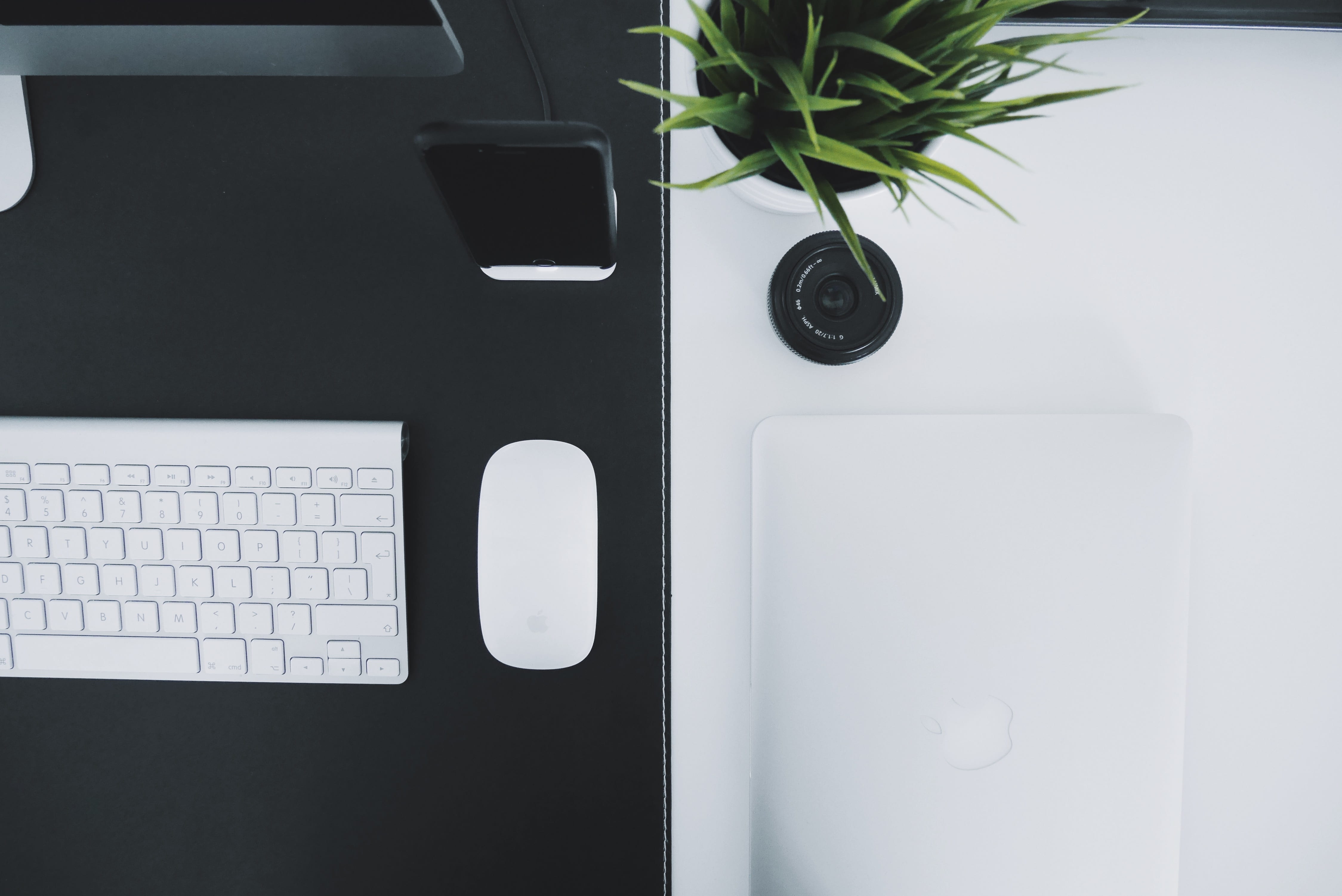 computer, workspace, connection, plant, table, white, pro, imac, black, wireless technology, communication, leaf, iphone, no people, directly above, technology, HD Wallpaper
