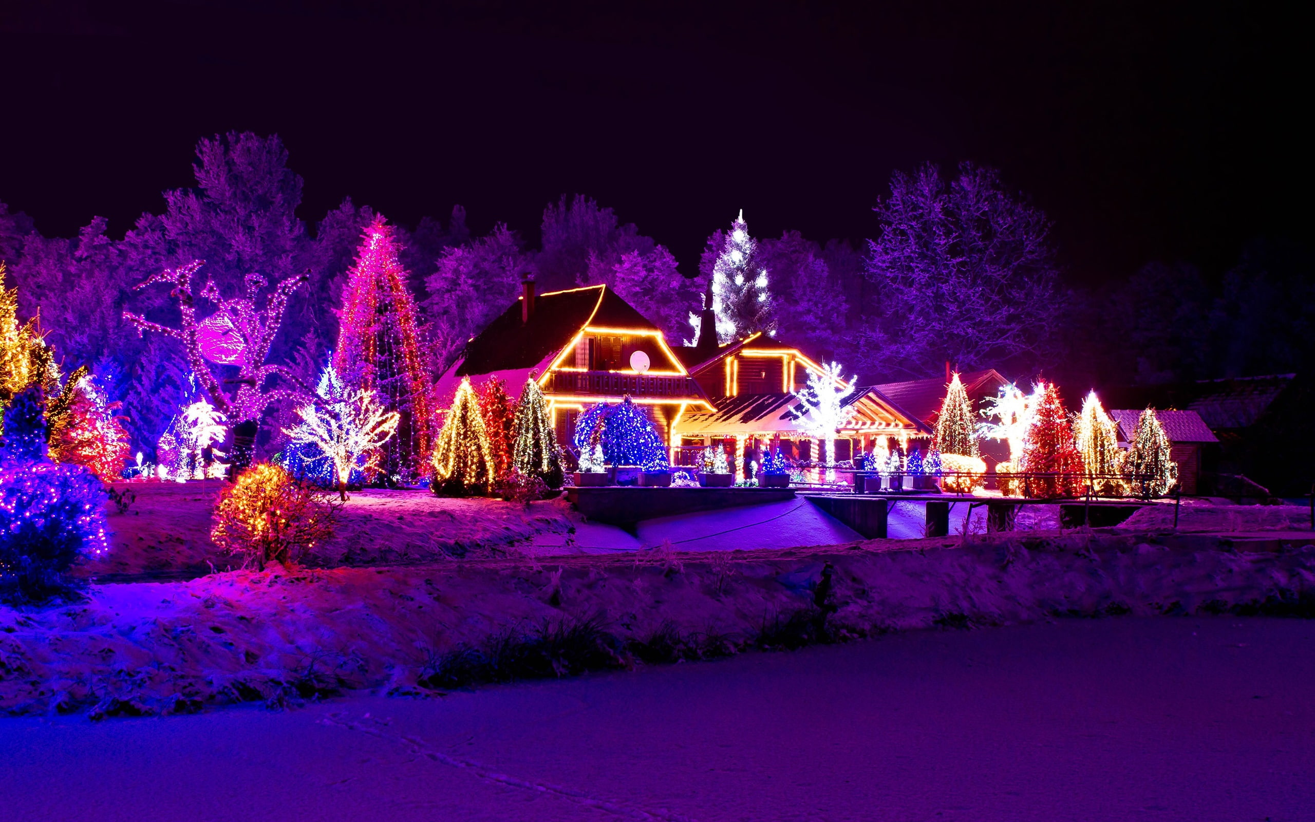 Winter, New, 2K, Night, Year, House, Lake, Lights, HD Wallpaper