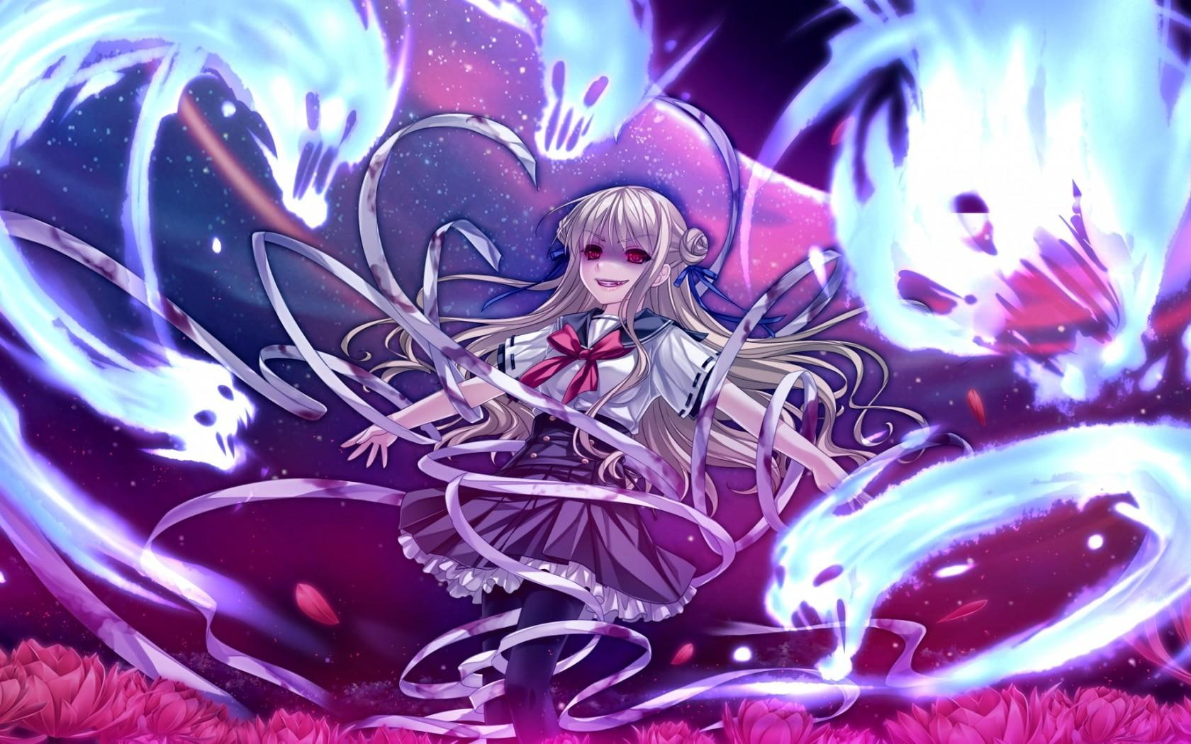 schoolgirl, fantasy, magic, ghosts, blossoms, long-hair, blond-hair, flowers, cool, 720P, red-eyes, stars, school-unifor, HD Wallpaper