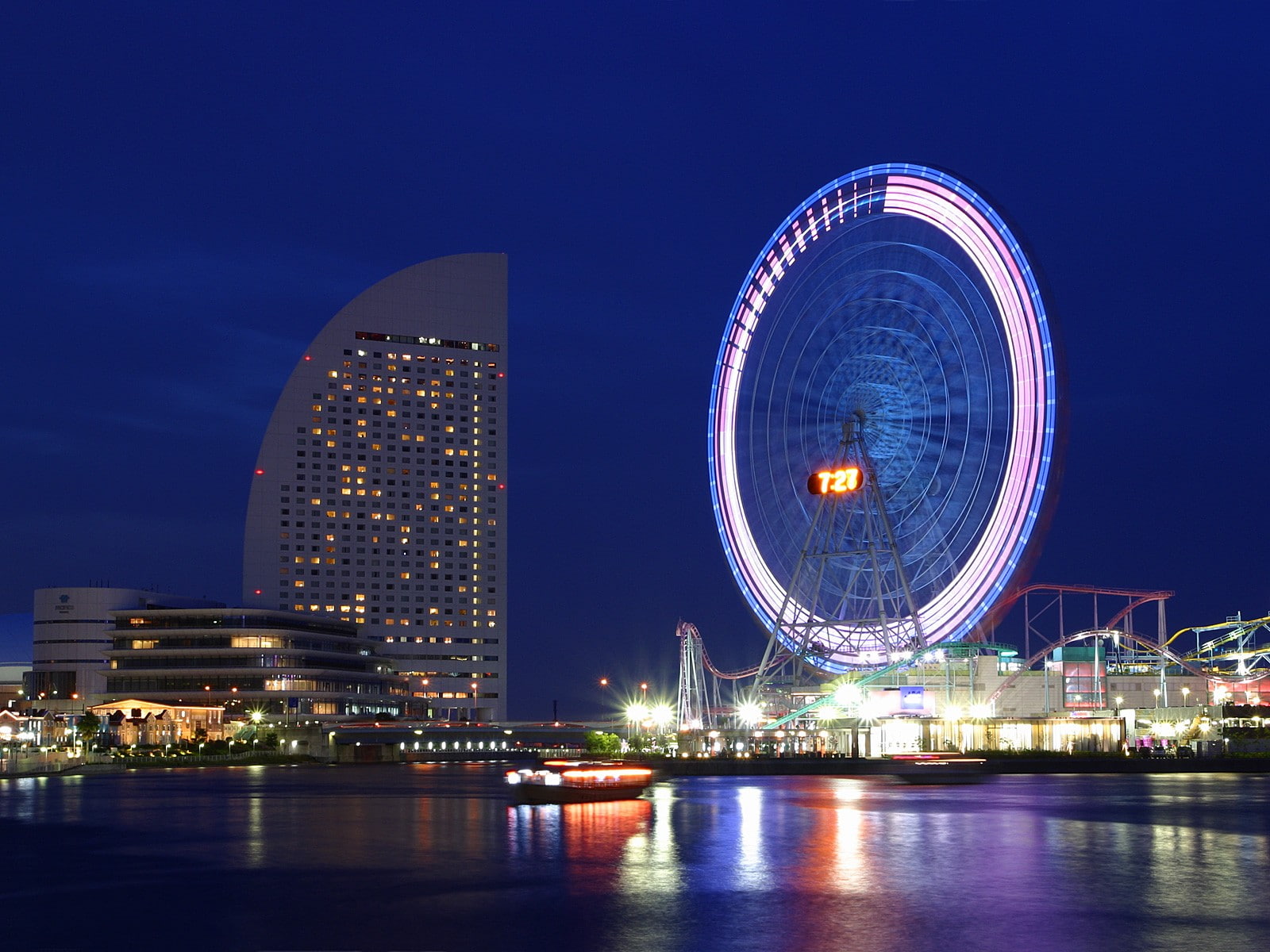 cityscape, night, ocean, building, hd, 720P, wheel, ferris, boat, tokyo, HD Wallpaper