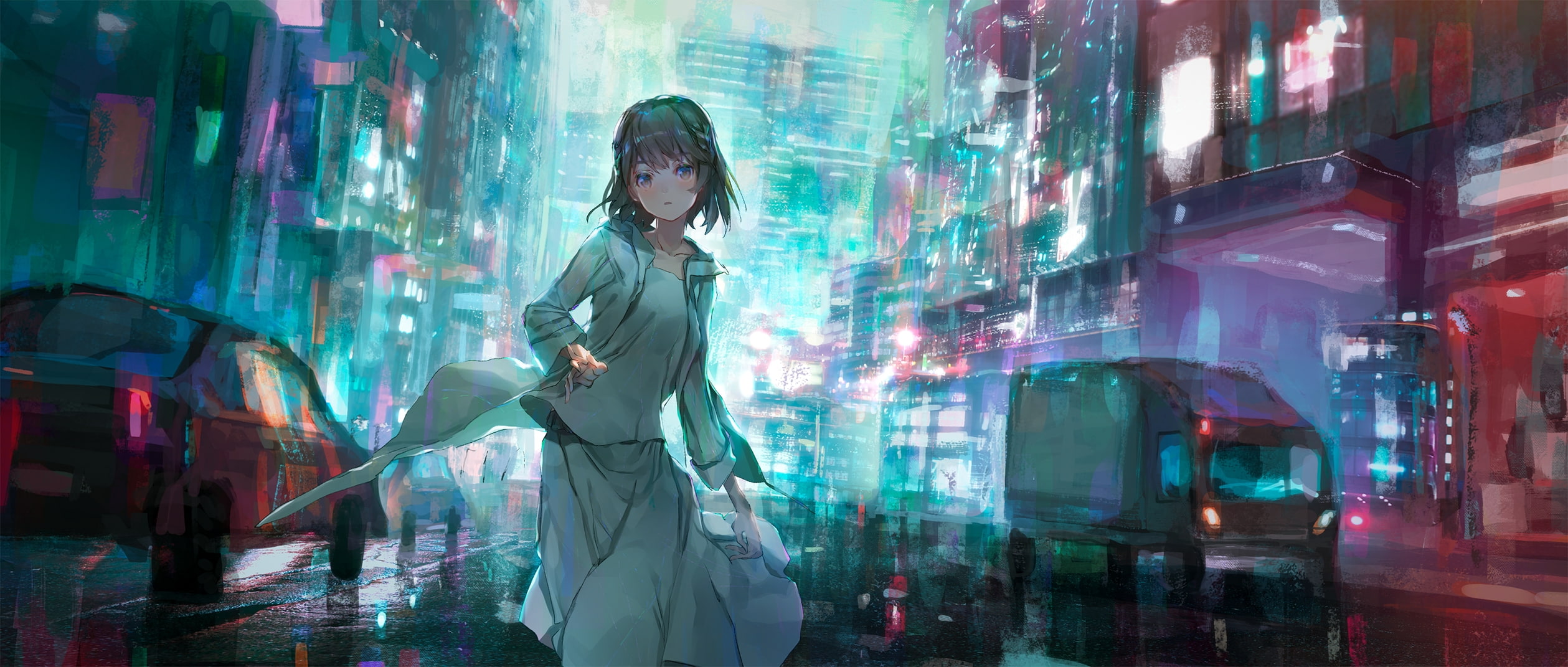 street, city, anime, anime girls, 1080P, blue eyes, car, vehicle, dark hair, traffic, night, skirt, cityscape, HD Wallpaper