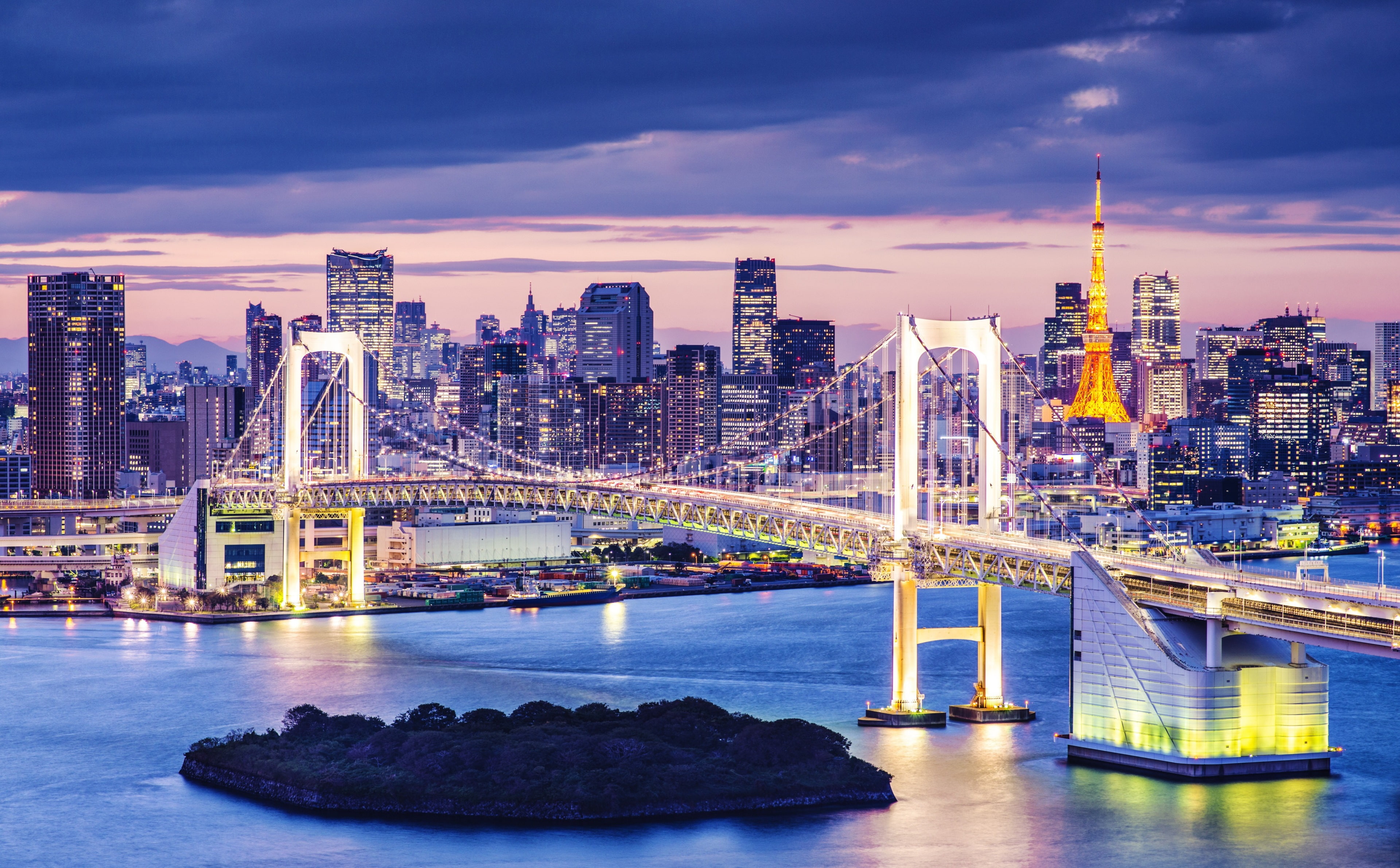 city, 4K, no people, night, cityscape, dusk, tokyo bay 4k image of best, cloud - sky, illuminated, downtown district, sunset, office building exterior, HD Wallpaper