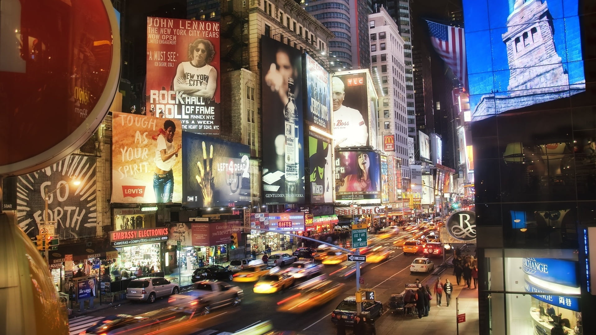 new York State, movement, road Intersection, the evening, motor vehicle, manhattan - New York City, mode of transportation, white, billboard, midtown Manhattan, HD Wallpaper
